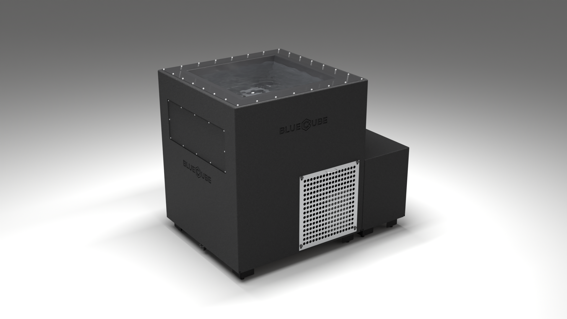 BlueCube LIMITLESS cold plunge tub black with perforated screens with carbon fiber tub left front view [bc color=black screen=screen deck=none tub=carbon-fiber view=fl]
