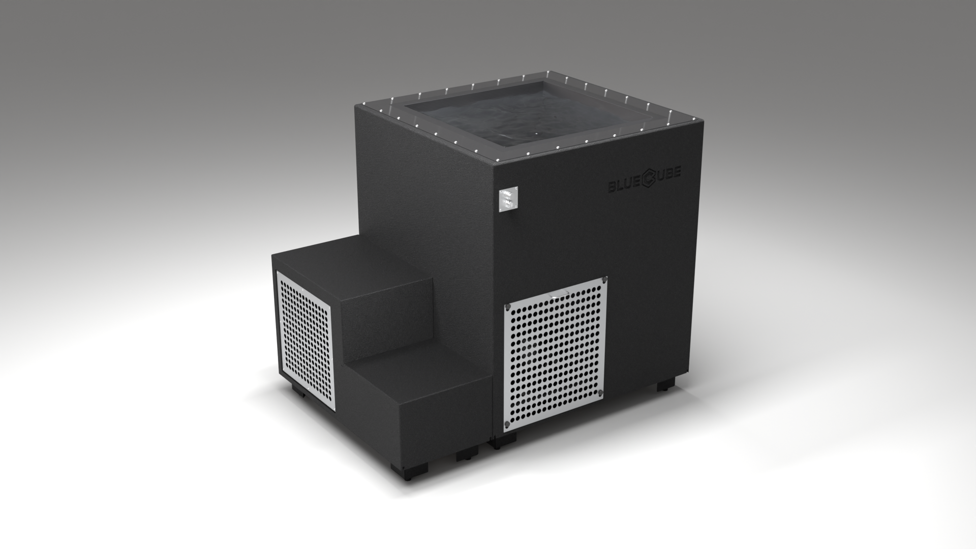 BlueCube LIMITLESS cold plunge tub black with perforated screens with carbon fiber tub right back view [bc color=black screen=screen deck=none tub=carbon-fiber view=br]