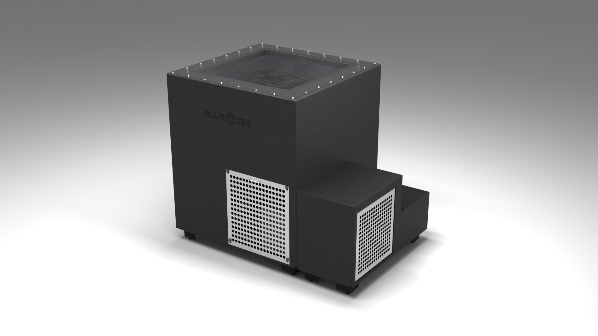 BlueCube LIMITLESS cold plunge tub black with perforated screens with carbon fiber tub right front view [bc color=black screen=screen deck=none tub=carbon-fiber view=fr]