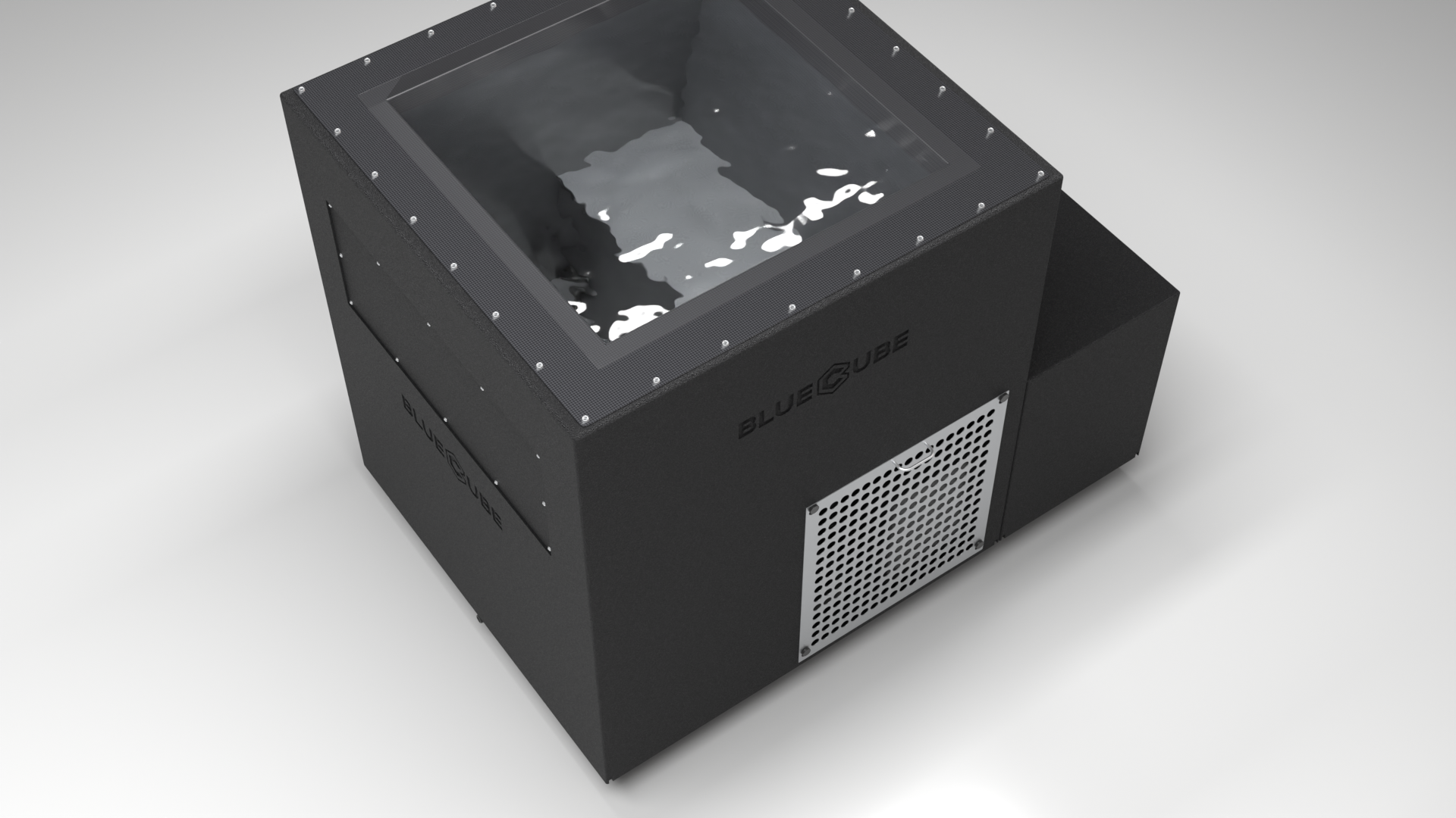 BlueCube LIMITLESS cold plunge tub black with perforated screens with carbon fiber tub top down view [bc color=black screen=screen deck=none tub=carbon-fiber view=top]