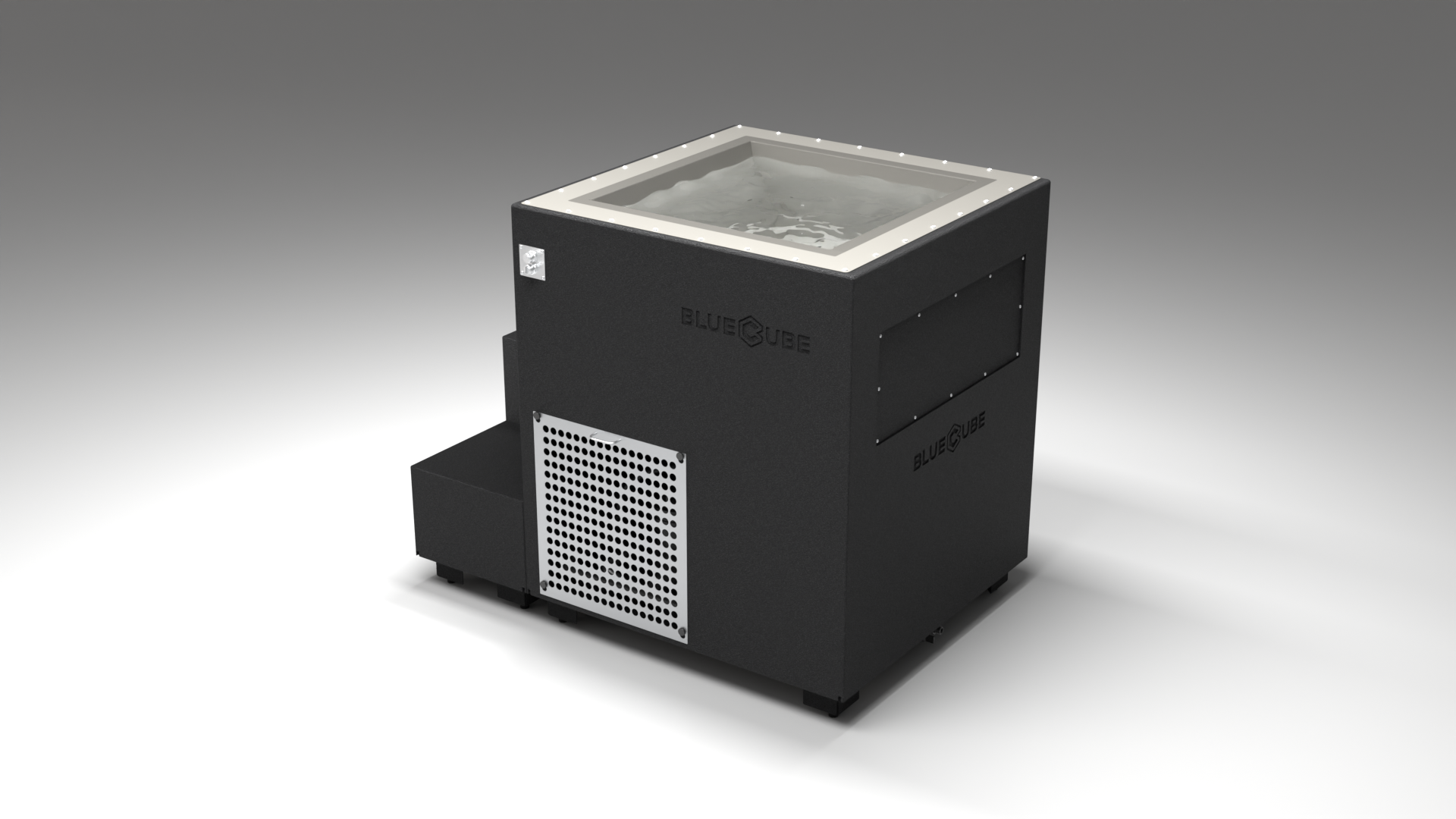BlueCube LIMITLESS cold plunge tub black with perforated screens with gel coated tub left back view [bc color=black screen=screen deck=none tub=gel-coated view=bl]