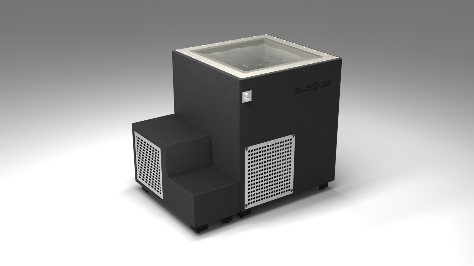 BlueCube LIMITLESS cold plunge tub black with perforated screens with gel coated tub right back view [bc color=black screen=screen deck=none tub=gel-coated view=br]