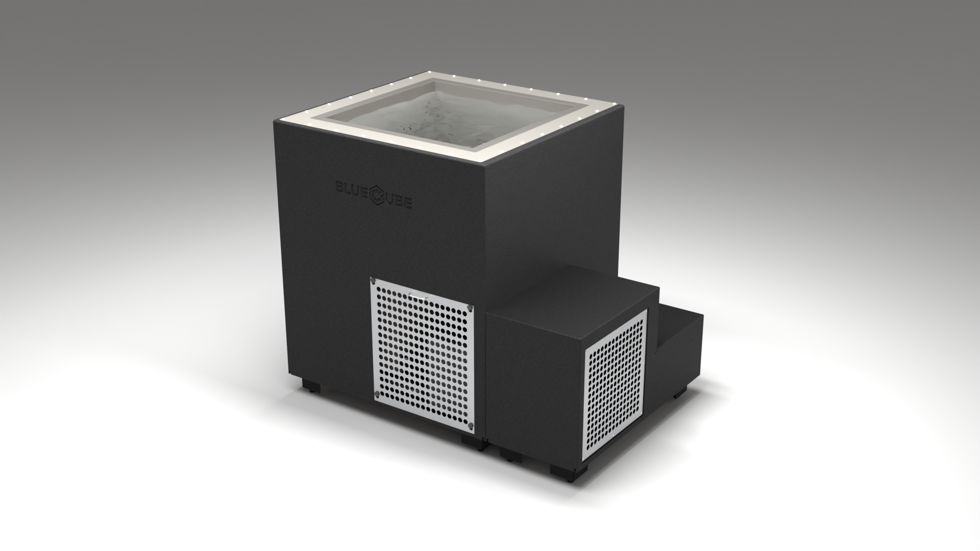 BlueCube LIMITLESS cold plunge tub black with perforated screens with gel coated tub right front view [bc color=black screen=screen deck=none tub=gel-coated view=fr]