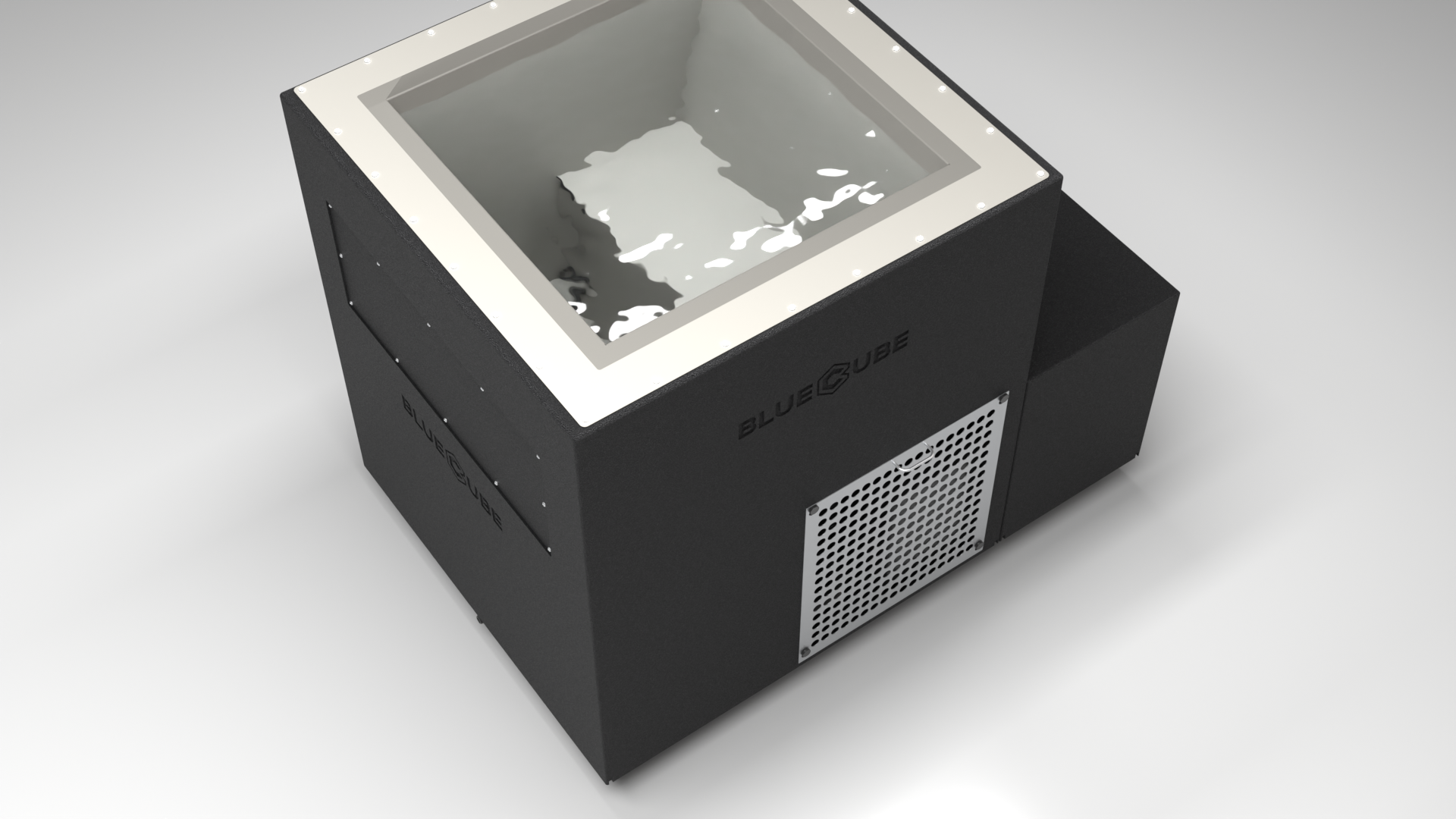 BlueCube LIMITLESS cold plunge tub black with perforated screens with gel coated tub top down view [bc color=black screen=screen deck=none tub=gel-coated view=top]
