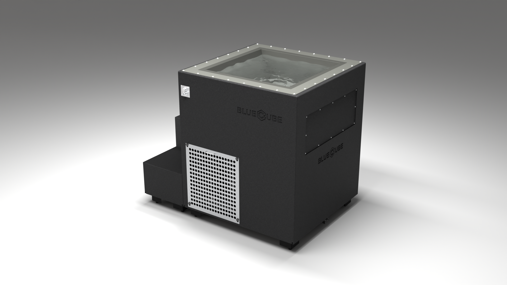 BlueCube LIMITLESS cold plunge tub black with perforated screens with hempcarbon tub left back view [bc color=black screen=screen deck=none tub=hempcarbon view=bl]