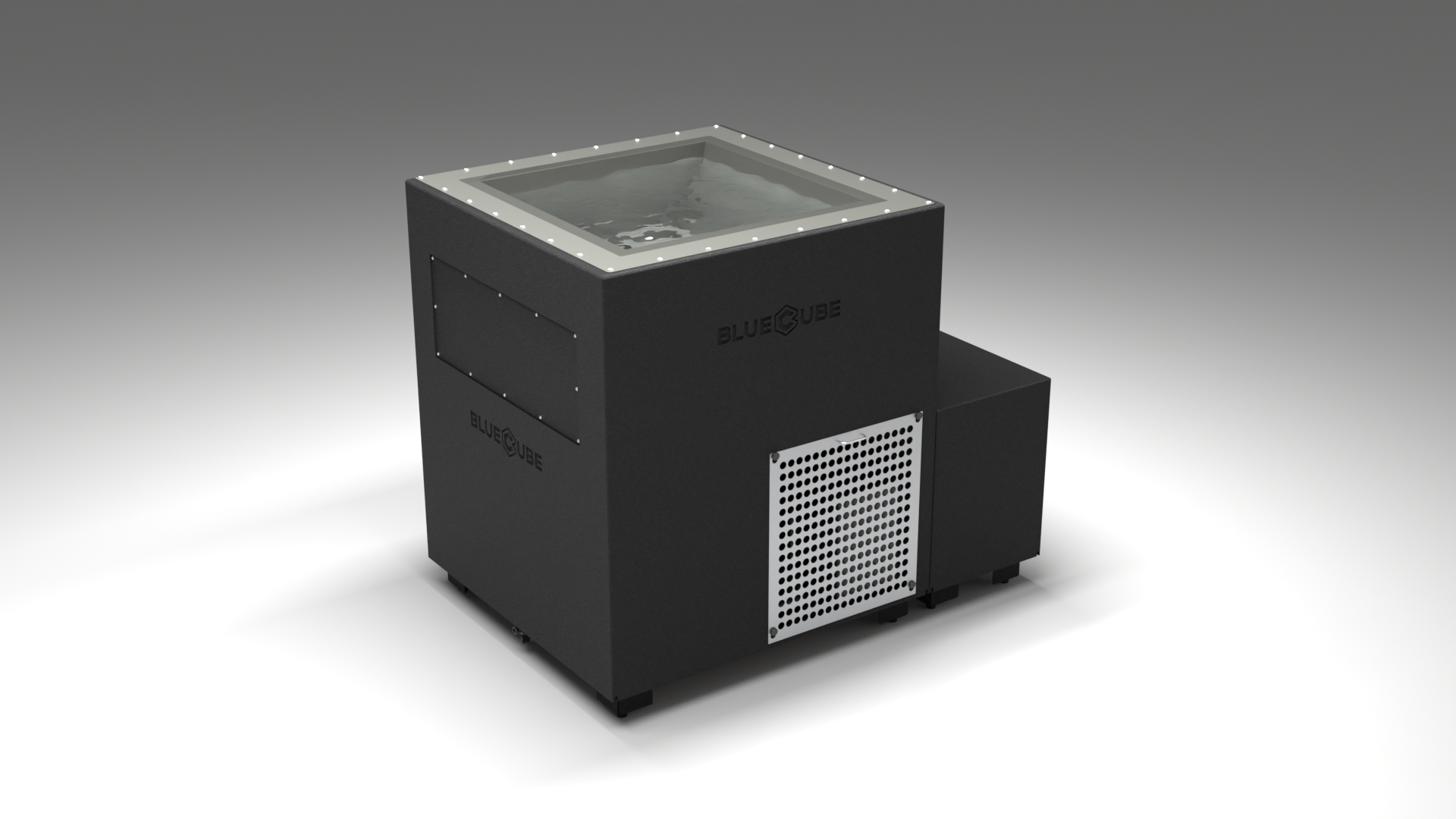 BlueCube LIMITLESS cold plunge tub black with perforated screens with hempcarbon tub left front view [bc color=black screen=screen deck=none tub=hempcarbon view=fl]