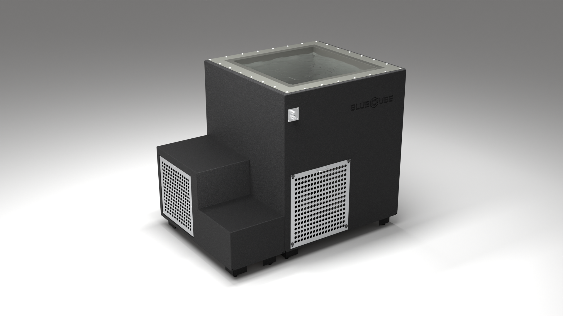 BlueCube LIMITLESS cold plunge tub black with perforated screens with hempcarbon tub right back view [bc color=black screen=screen deck=none tub=hempcarbon view=br]