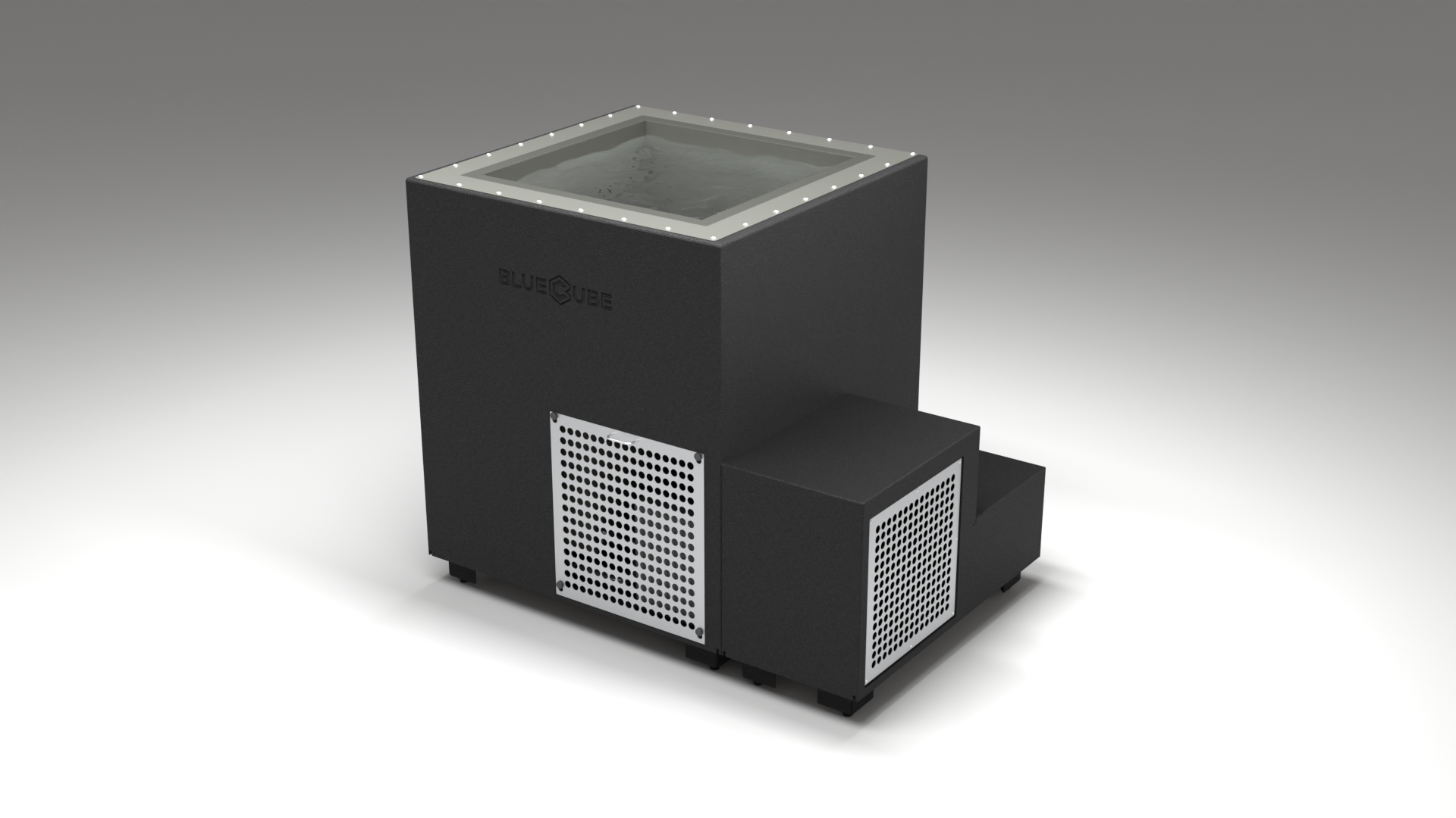 BlueCube LIMITLESS cold plunge tub black with perforated screens with hempcarbon tub right front view [bc color=black screen=screen deck=none tub=hempcarbon view=fr]