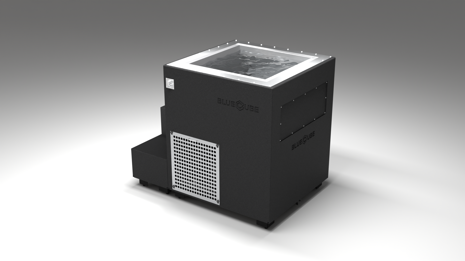 BlueCube LIMITLESS cold plunge tub black with perforated screens left back view [bc color=black screen=screen deck=none tub=stainless view=bl]