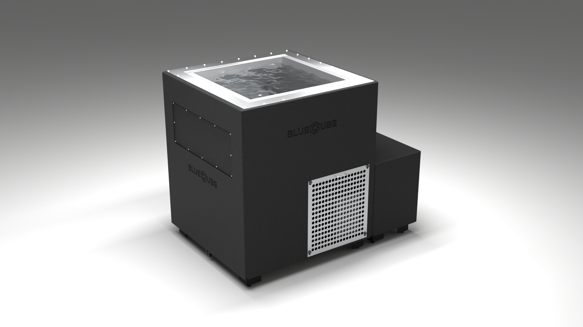 BlueCube LIMITLESS cold plunge tub black with perforated screens left front view [bc color=black screen=screen deck=none tub=stainless view=fl]