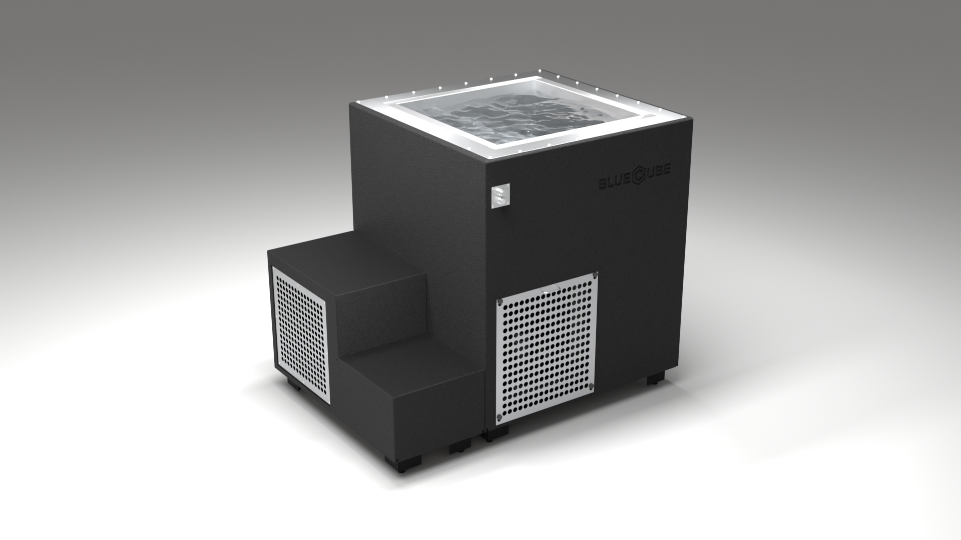 BlueCube LIMITLESS cold plunge tub black with perforated screens right back view [bc color=black screen=screen deck=none tub=stainless view=br]