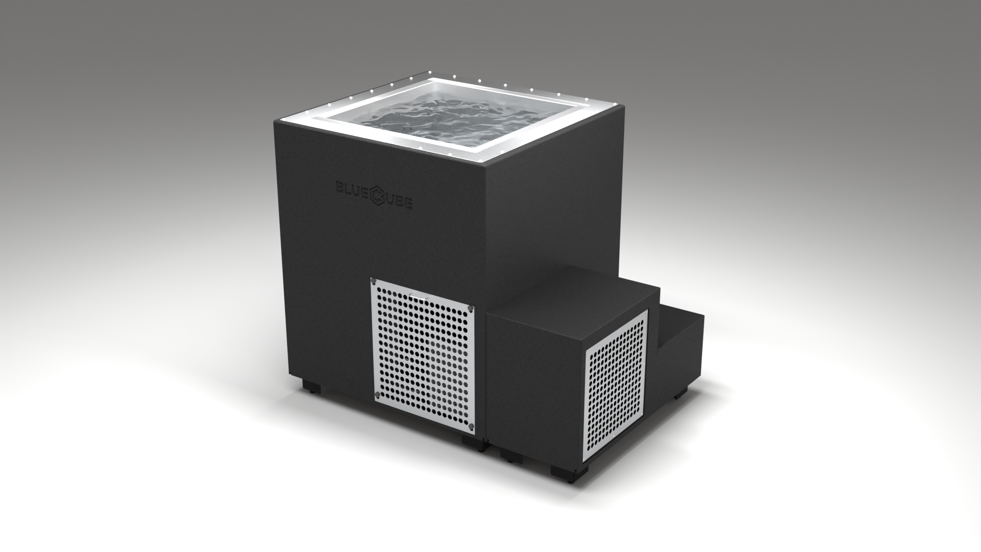 BlueCube LIMITLESS cold plunge tub black with perforated screens right front view [bc color=black screen=screen deck=none tub=stainless view=fr]