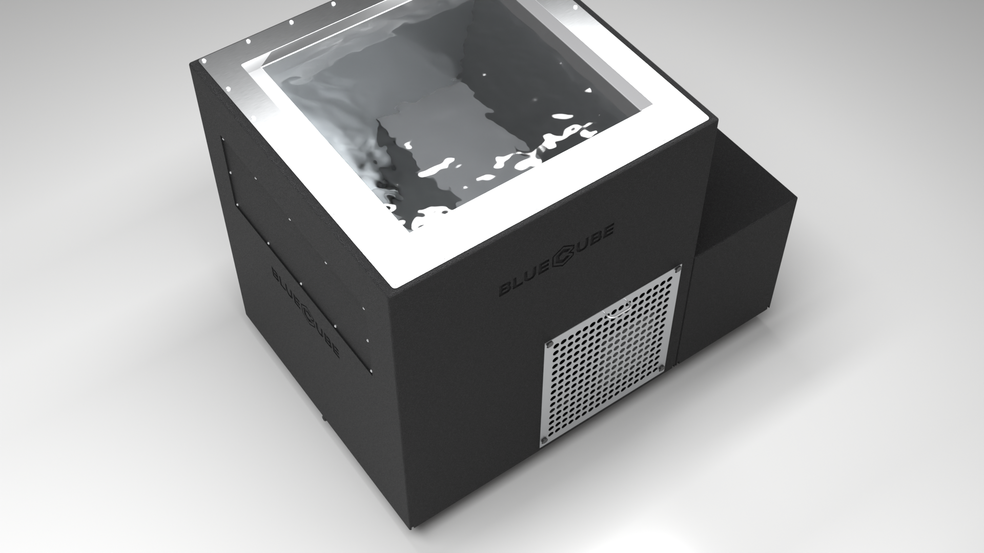 BlueCube LIMITLESS cold plunge tub black with perforated screens top down view [bc color=black screen=screen deck=none tub=stainless view=top]