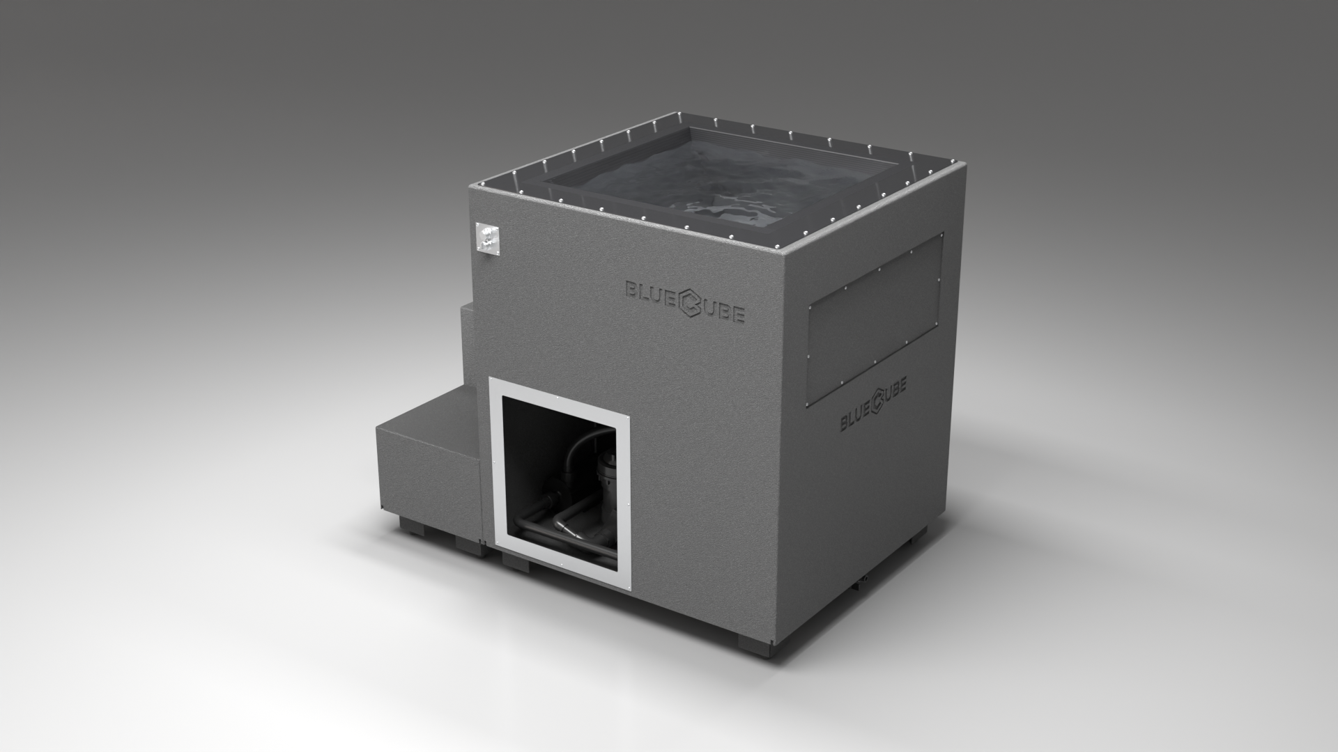 BlueCube LIMITLESS cold plunge tub grey with carbon fiber tub left back view [bc color=grey screen=frame deck=none tub=carbon-fiber view=bl]