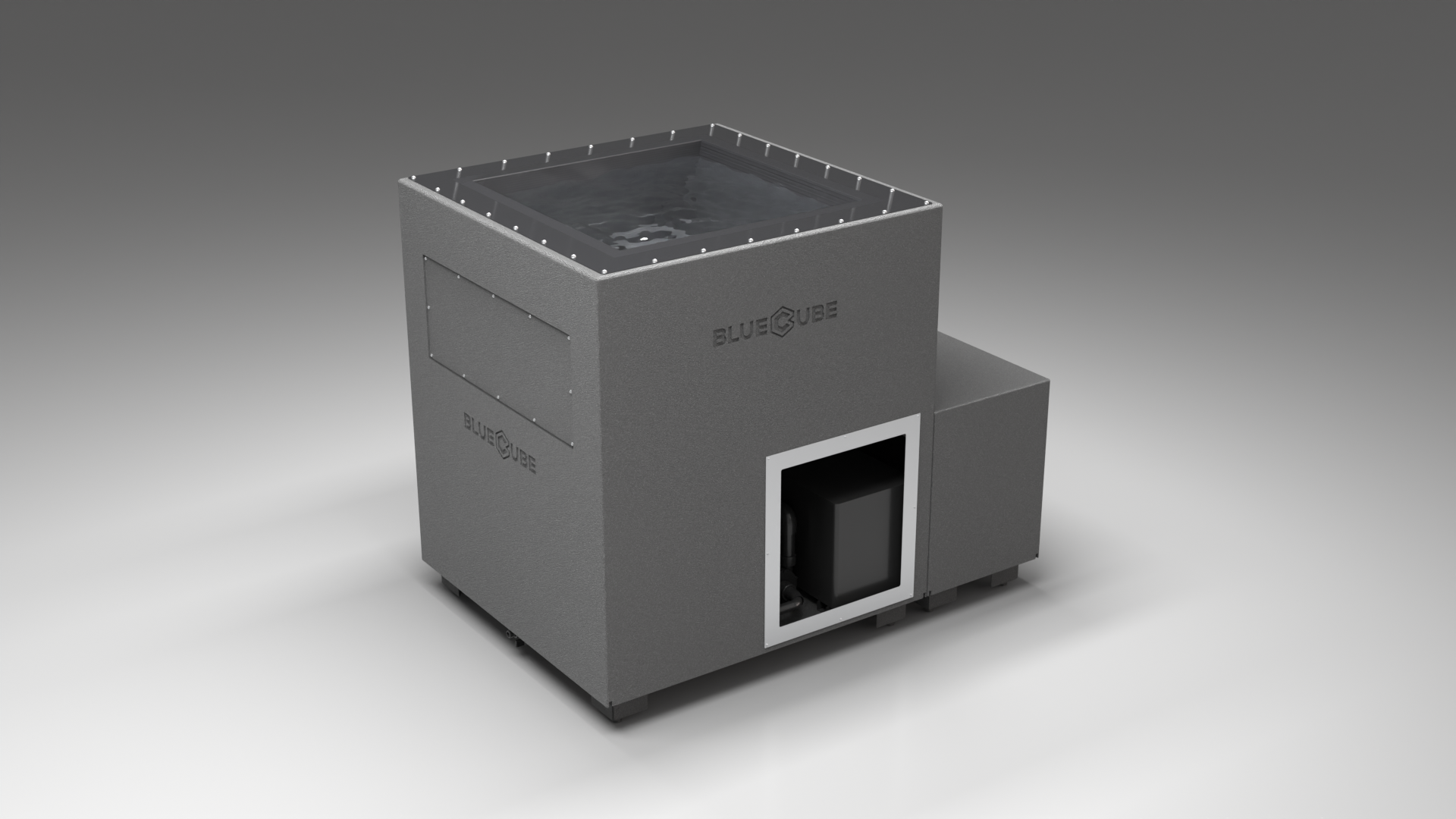 BlueCube LIMITLESS cold plunge tub grey with carbon fiber tub left front view [bc color=grey screen=frame deck=none tub=carbon-fiber view=fl]