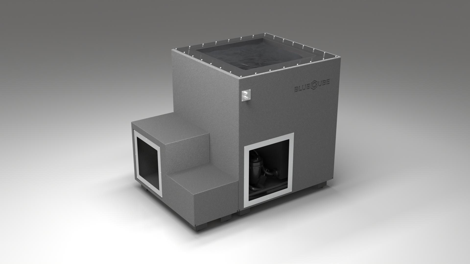 BlueCube LIMITLESS cold plunge tub grey with carbon fiber tub right back view [bc color=grey screen=frame deck=none tub=carbon-fiber view=br]