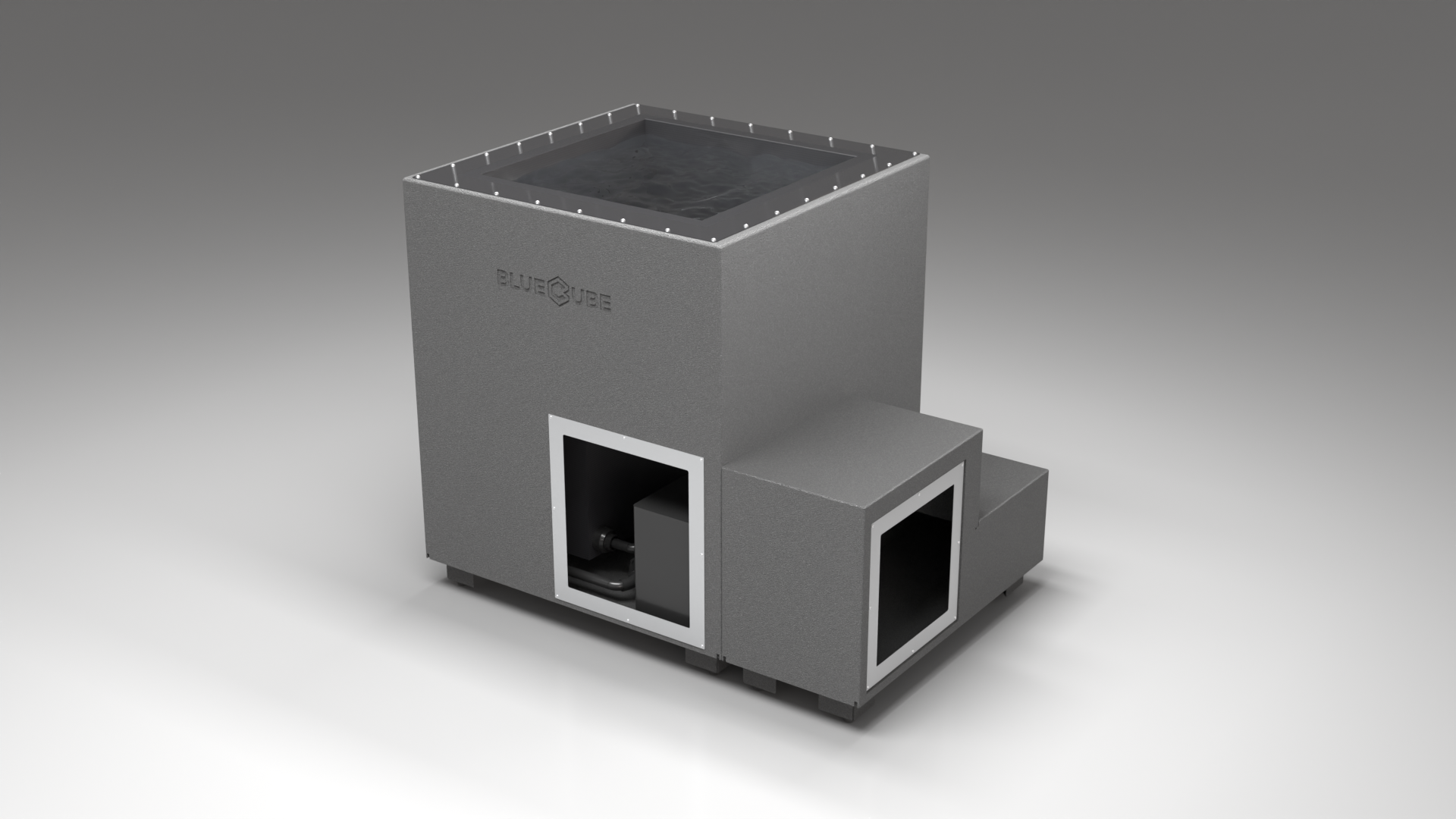 BlueCube LIMITLESS cold plunge tub grey with carbon fiber tub right front view [bc color=grey screen=frame deck=none tub=carbon-fiber view=fr]