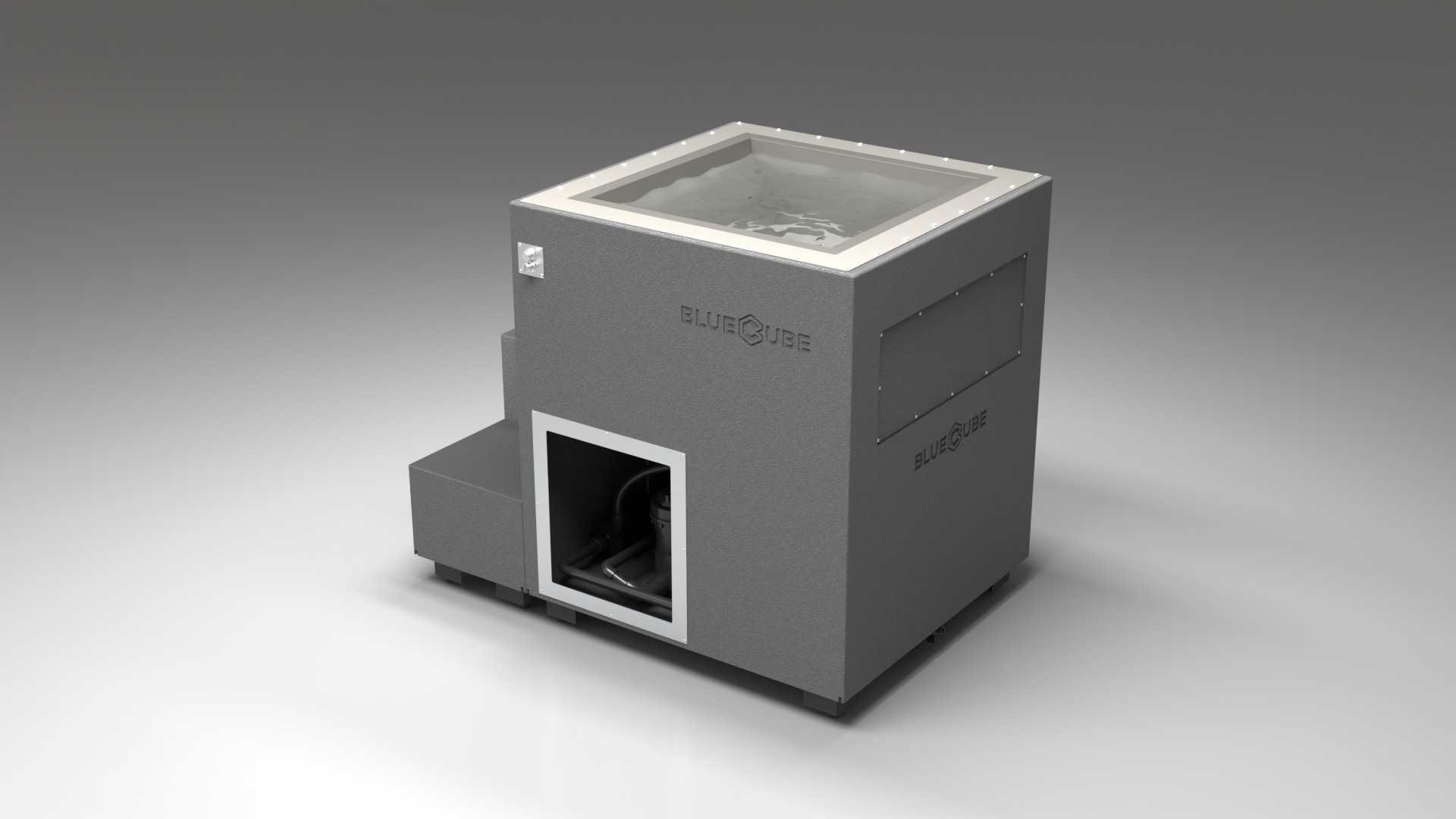 BlueCube LIMITLESS cold plunge tub grey with gel coated tub left back view [bc color=grey screen=frame deck=none tub=gel-coated view=bl]