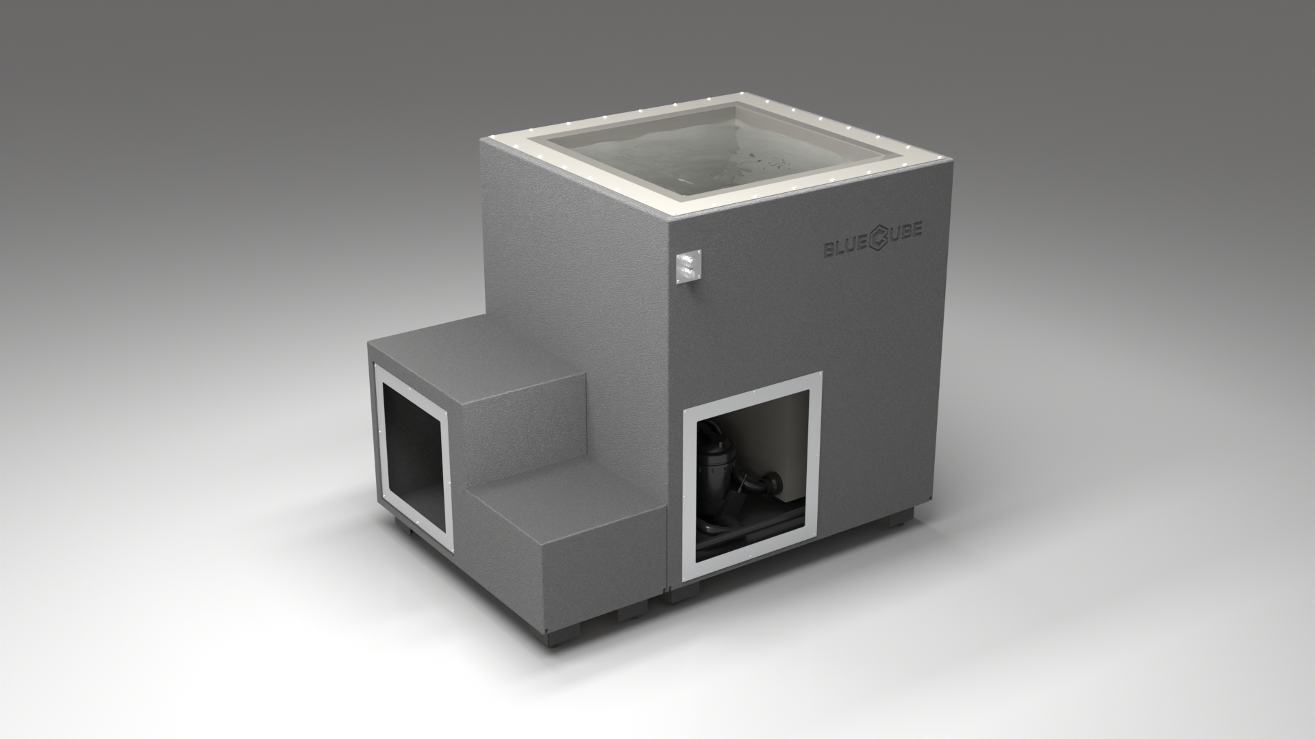 BlueCube LIMITLESS cold plunge tub grey with gel coated tub right back view [bc color=grey screen=frame deck=none tub=gel-coated view=br]