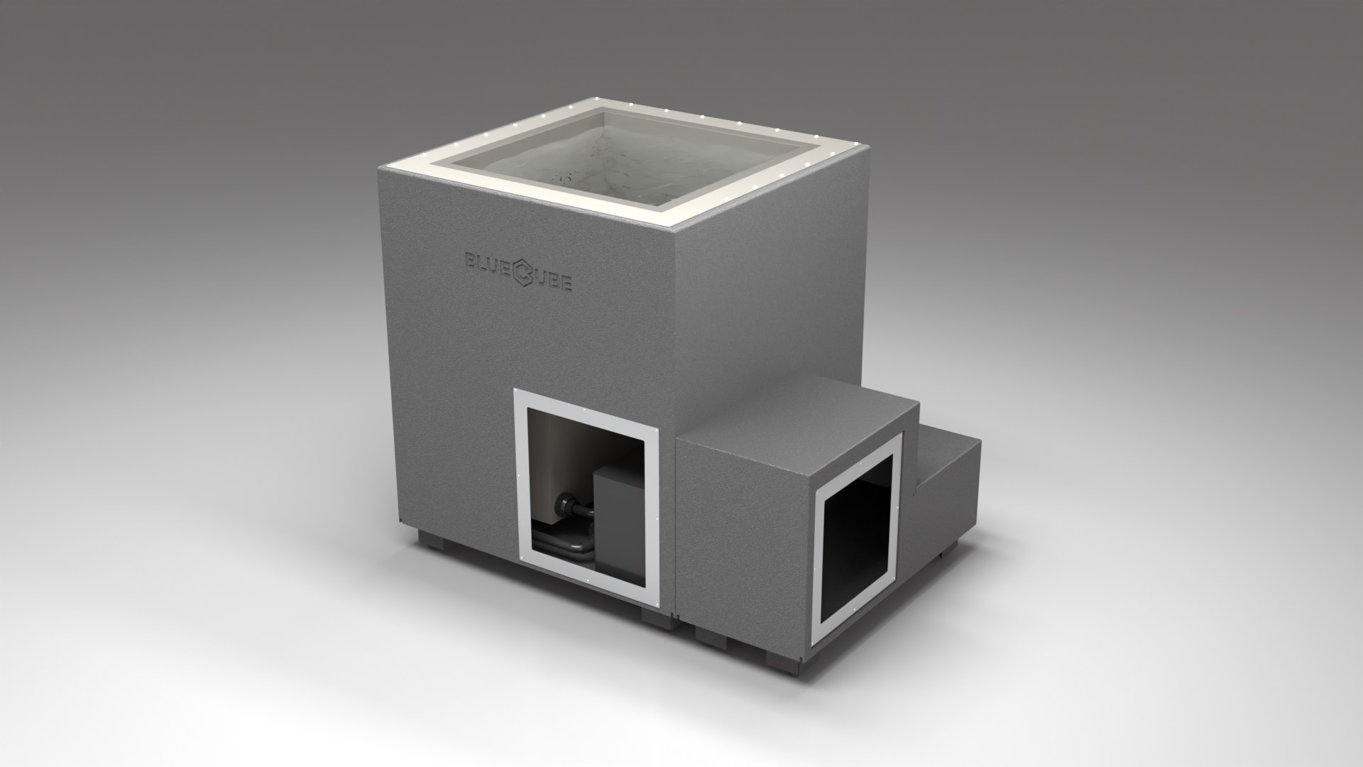 BlueCube LIMITLESS cold plunge tub grey with gel coated tub right front view [bc color=grey screen=frame deck=none tub=gel-coated view=fr]