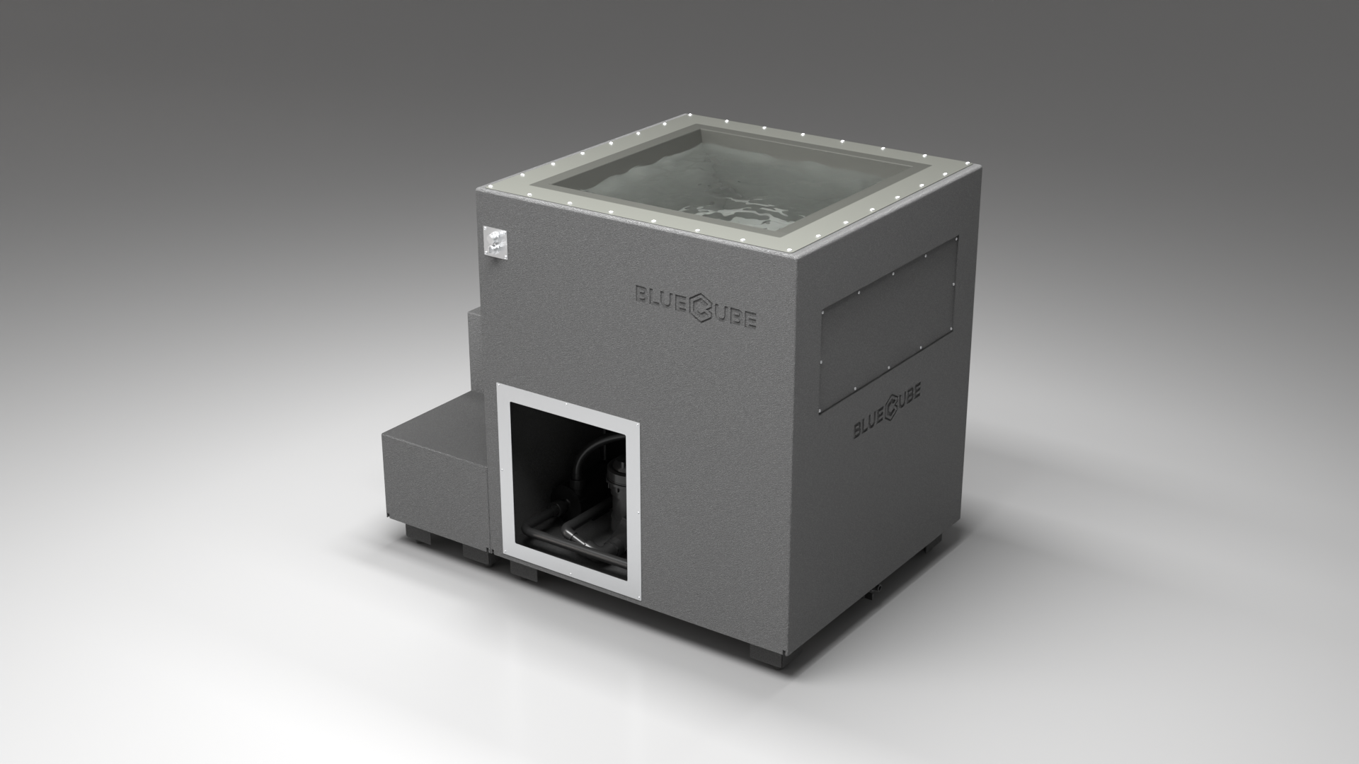 BlueCube LIMITLESS cold plunge tub grey with hempcarbon tub left back view [bc color=grey screen=frame deck=none tub=hempcarbon view=bl]