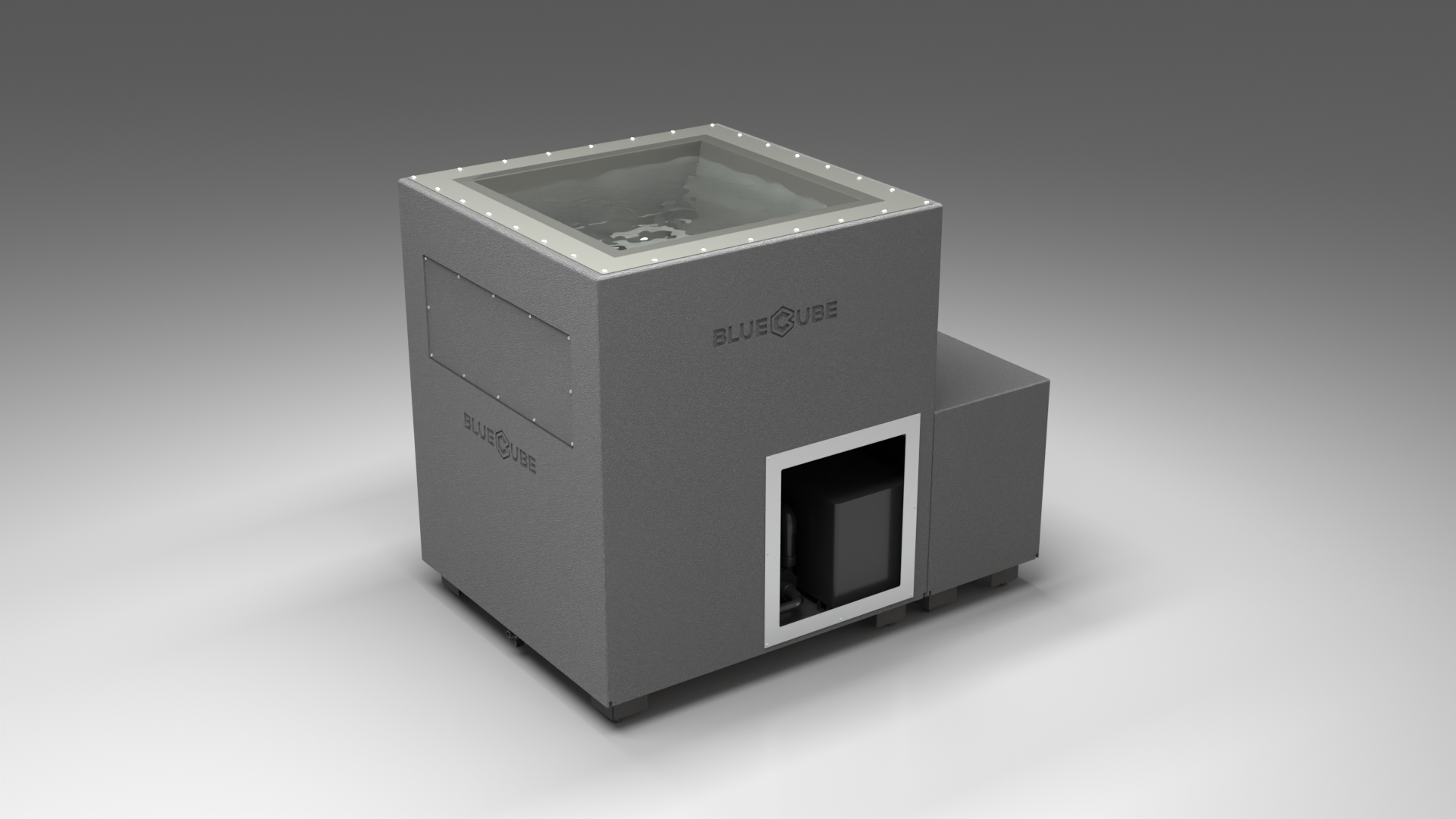 BlueCube LIMITLESS cold plunge tub grey with hempcarbon tub left front view [bc color=grey screen=frame deck=none tub=hempcarbon view=fl]