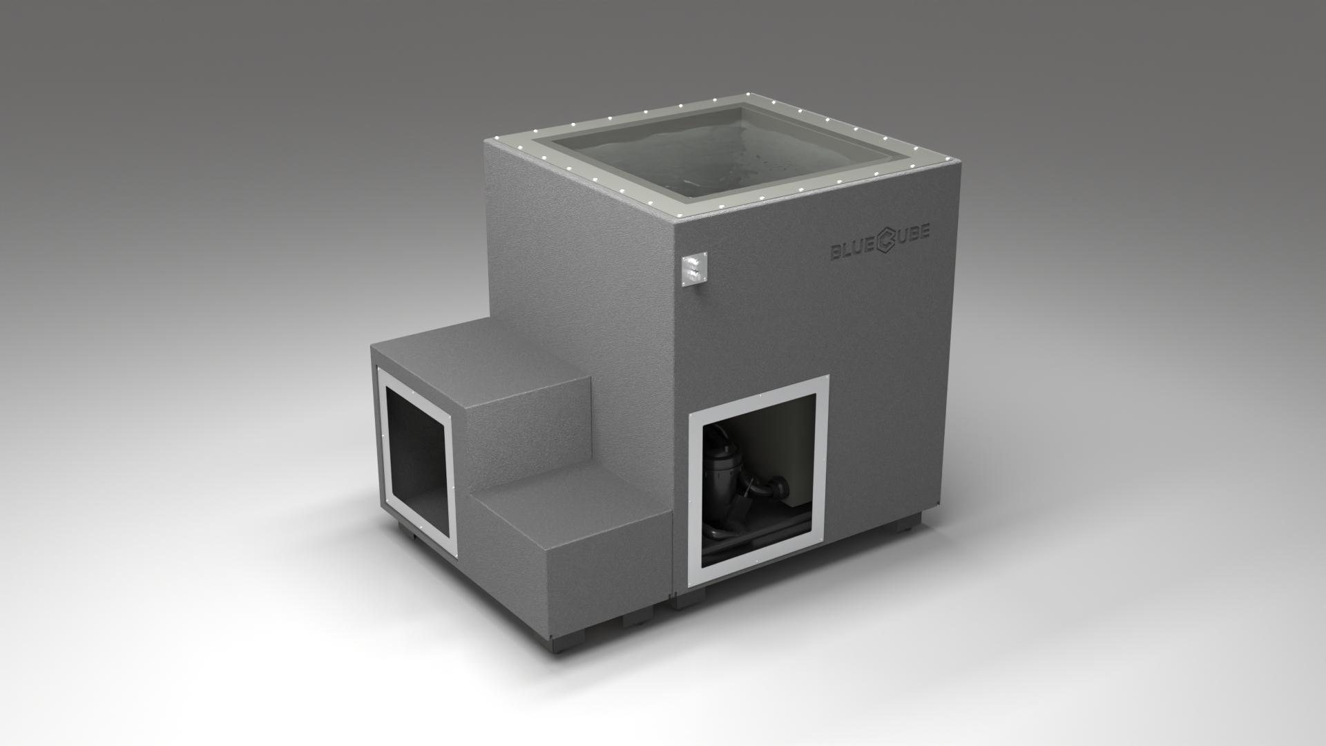BlueCube LIMITLESS cold plunge tub grey with hempcarbon tub right back view [bc color=grey screen=frame deck=none tub=hempcarbon view=br]