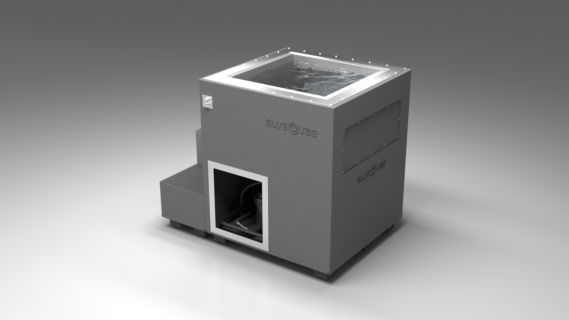 BlueCube LIMITLESS cold plunge tub grey left back view [bc color=grey screen=frame deck=none tub=stainless view=bl]