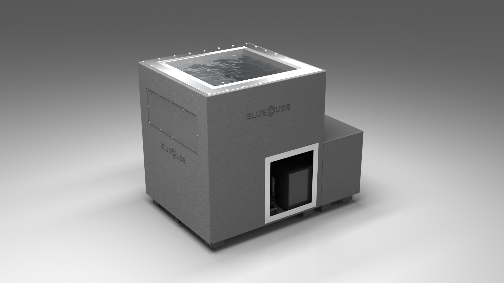BlueCube LIMITLESS cold plunge tub grey left front view [bc color=grey screen=frame deck=none tub=stainless view=fl]
