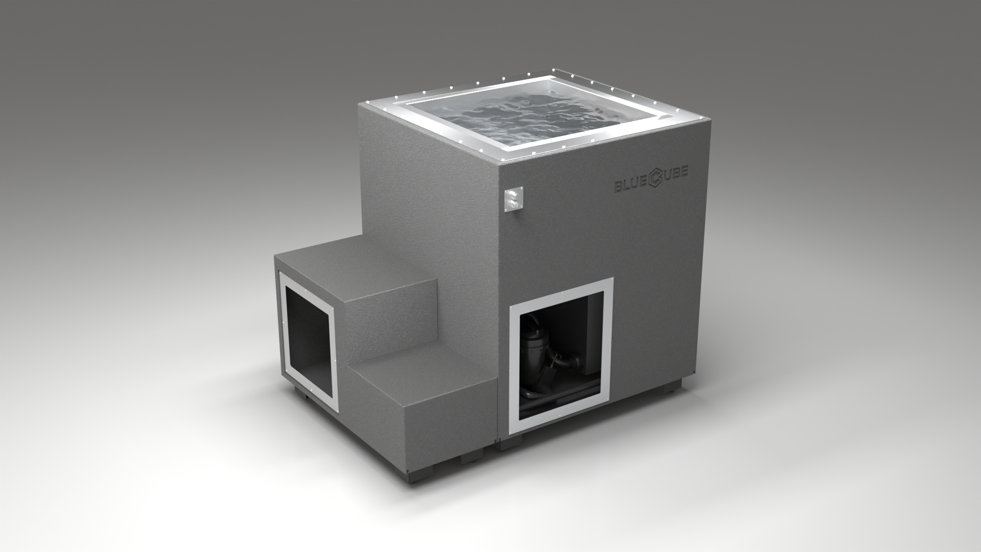 BlueCube LIMITLESS cold plunge tub grey right back view [bc color=grey screen=frame deck=none tub=stainless view=br]