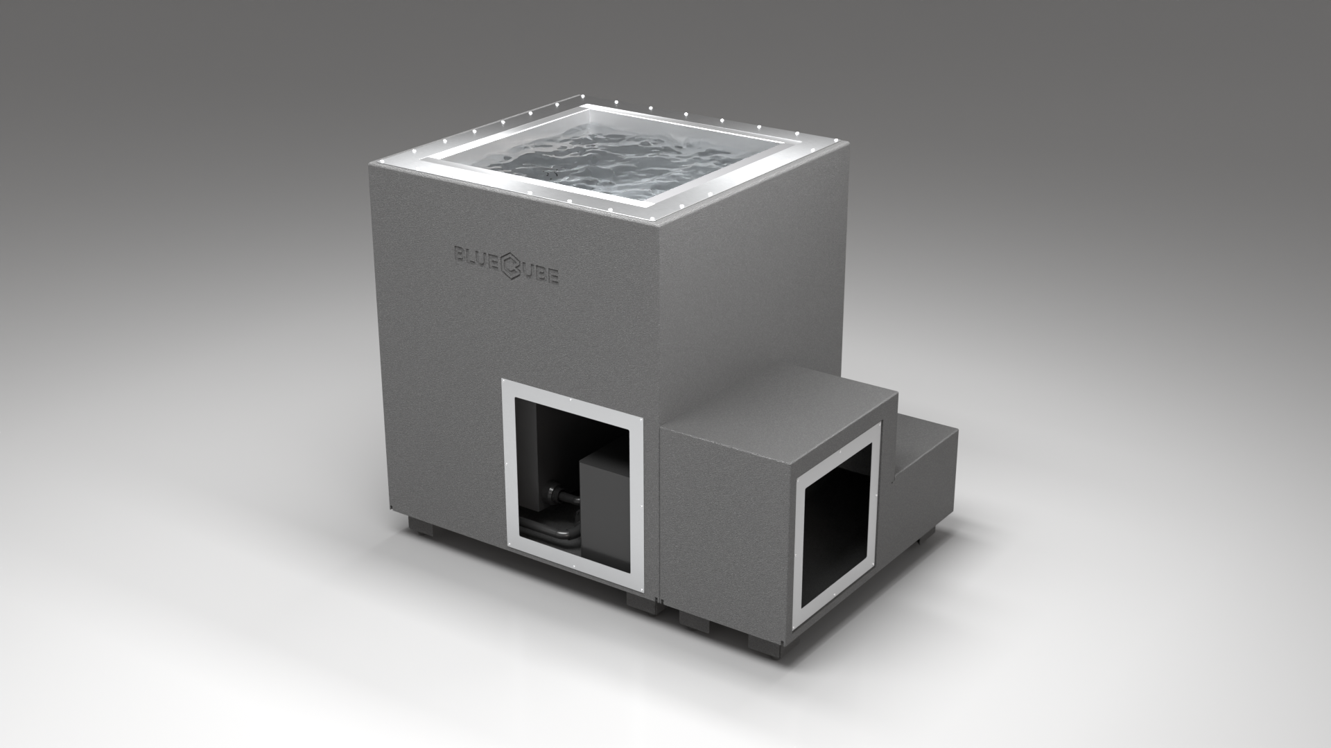 BlueCube LIMITLESS cold plunge tub grey right front view [bc color=grey screen=frame deck=none tub=stainless view=fr]
