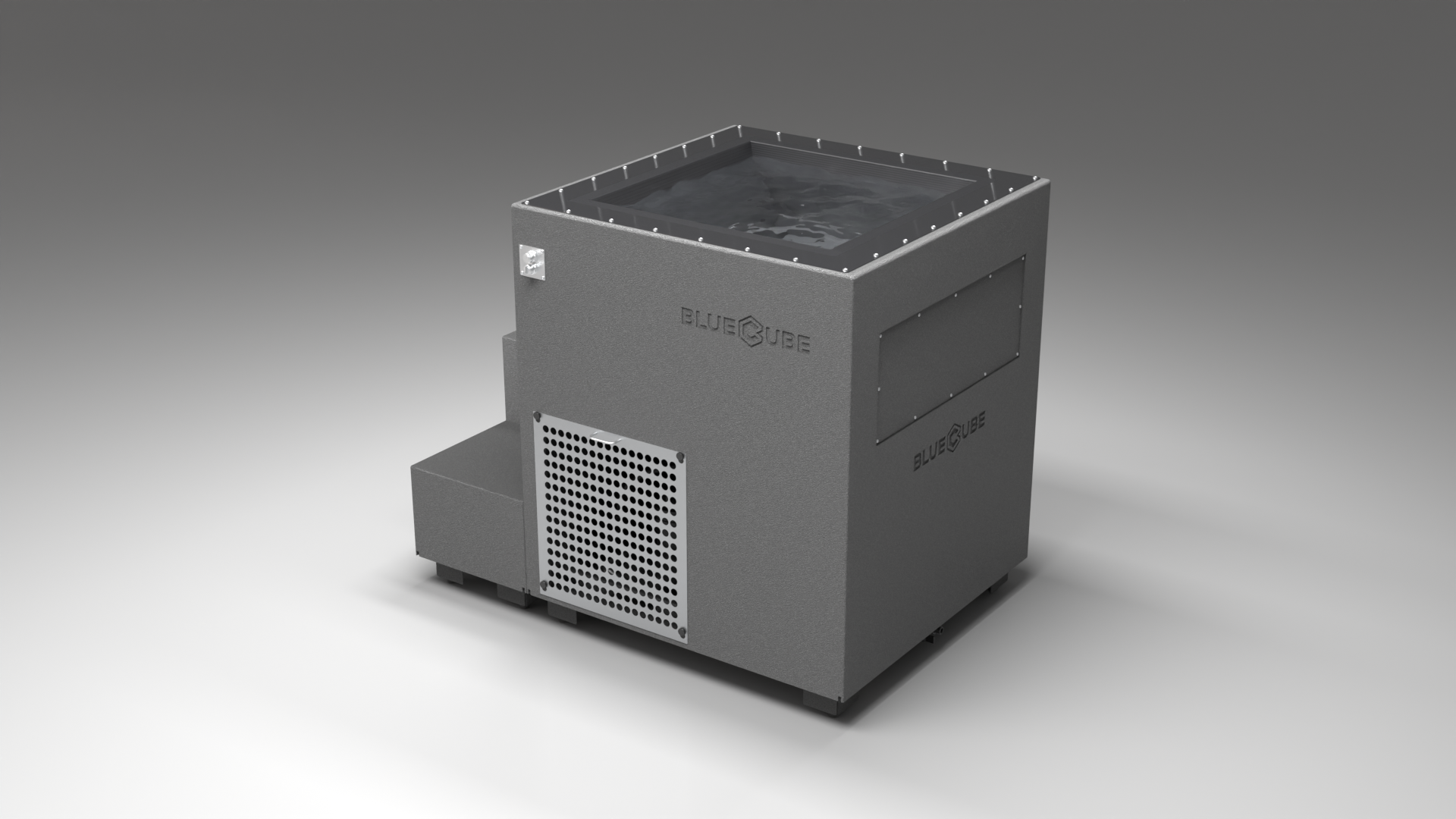 BlueCube LIMITLESS cold plunge tub grey with perforated screens with carbon fiber tub left back view [bc color=grey screen=screen deck=none tub=carbon-fiber view=bl]