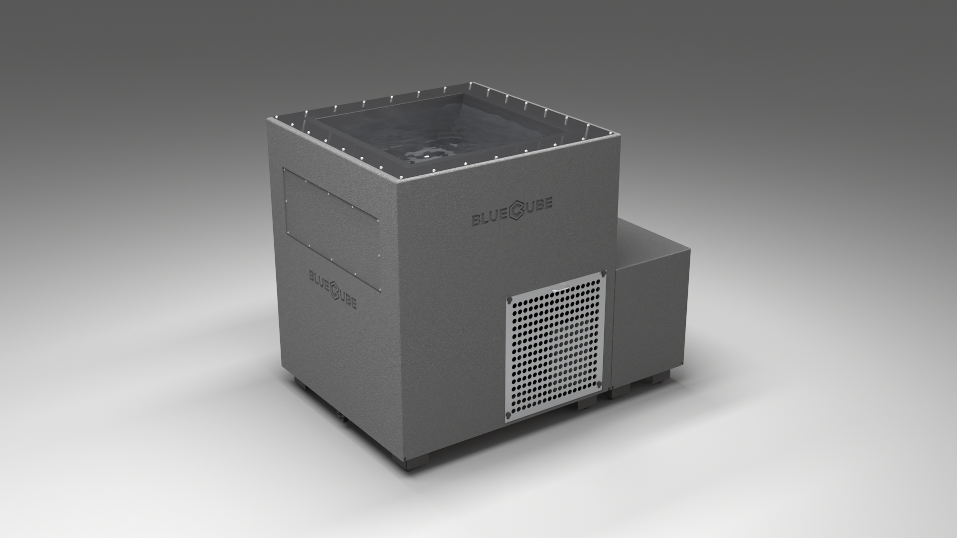 BlueCube LIMITLESS cold plunge tub grey with perforated screens with carbon fiber tub left front view [bc color=grey screen=screen deck=none tub=carbon-fiber view=fl]