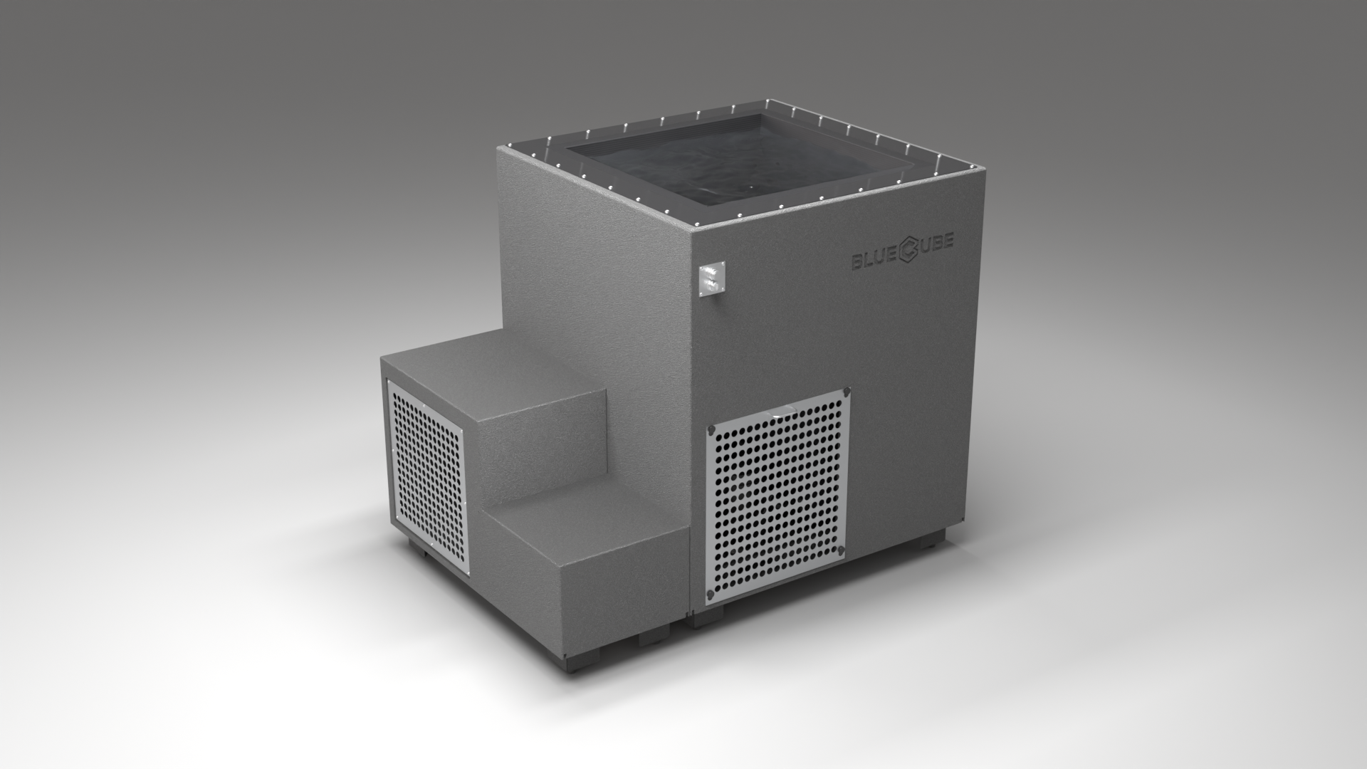 BlueCube LIMITLESS cold plunge tub grey with perforated screens with carbon fiber tub right back view [bc color=grey screen=screen deck=none tub=carbon-fiber view=br]