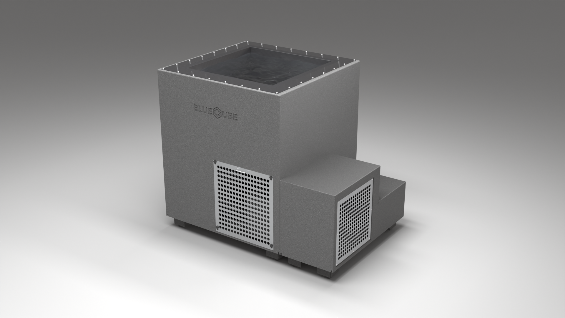 BlueCube LIMITLESS cold plunge tub grey with perforated screens with carbon fiber tub right front view [bc color=grey screen=screen deck=none tub=carbon-fiber view=fr]