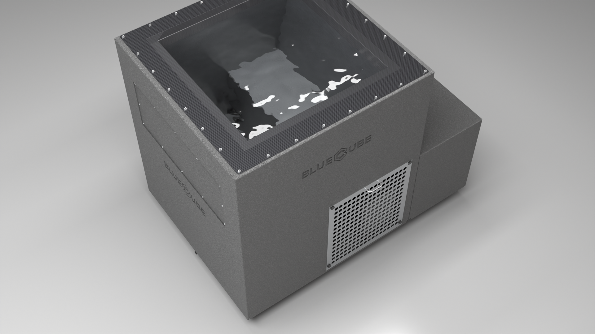 BlueCube LIMITLESS cold plunge tub grey with perforated screens with carbon fiber tub top down view [bc color=grey screen=screen deck=none tub=carbon-fiber view=top]