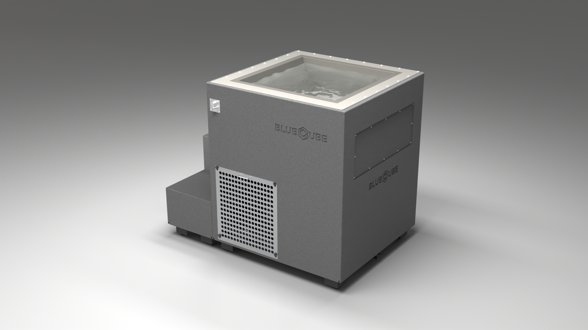 BlueCube LIMITLESS cold plunge tub grey with perforated screens with gel coated tub left back view [bc color=grey screen=screen deck=none tub=gel-coated view=bl]