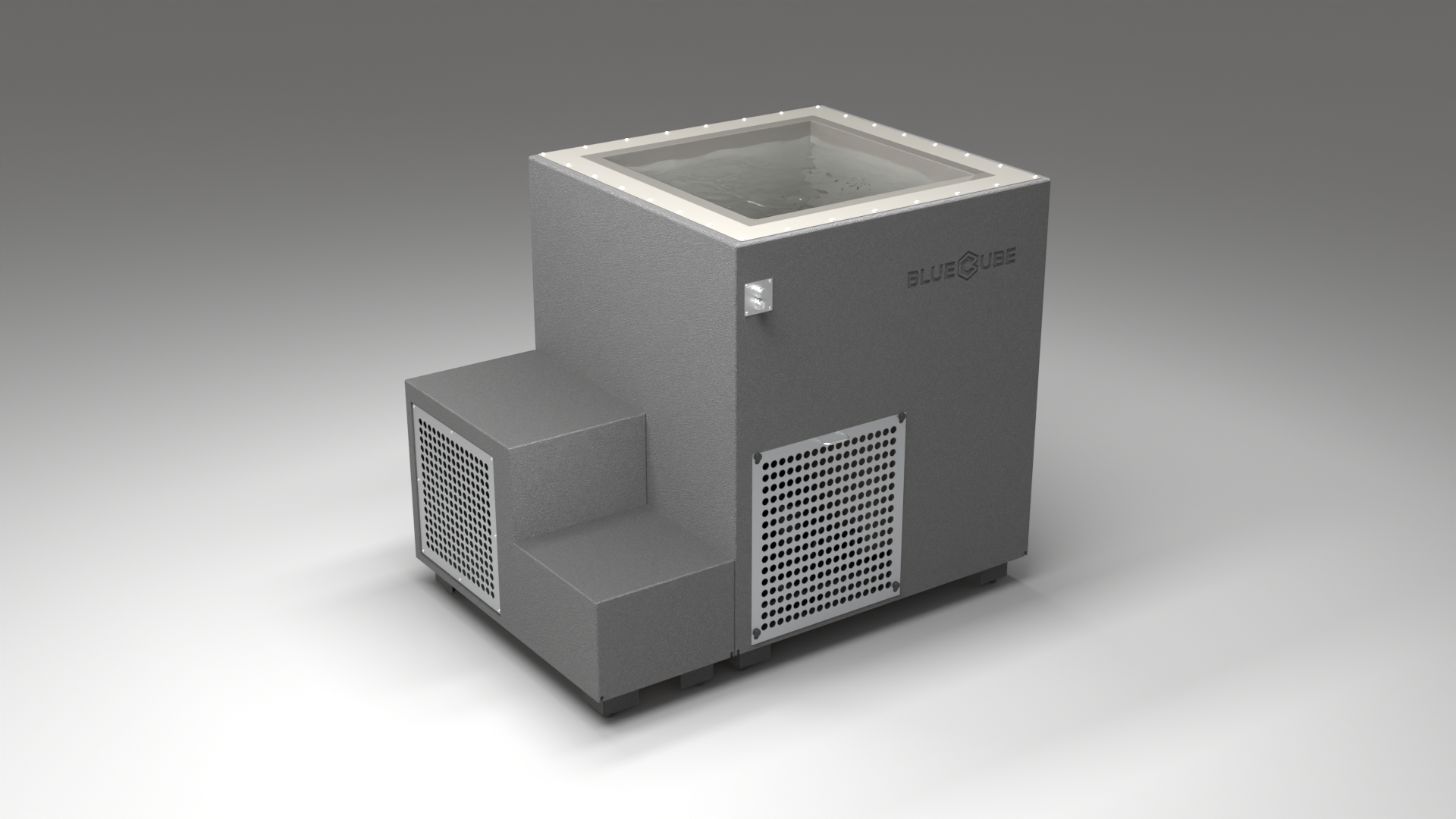 BlueCube LIMITLESS cold plunge tub grey with perforated screens with gel coated tub right back view [bc color=grey screen=screen deck=none tub=gel-coated view=br]