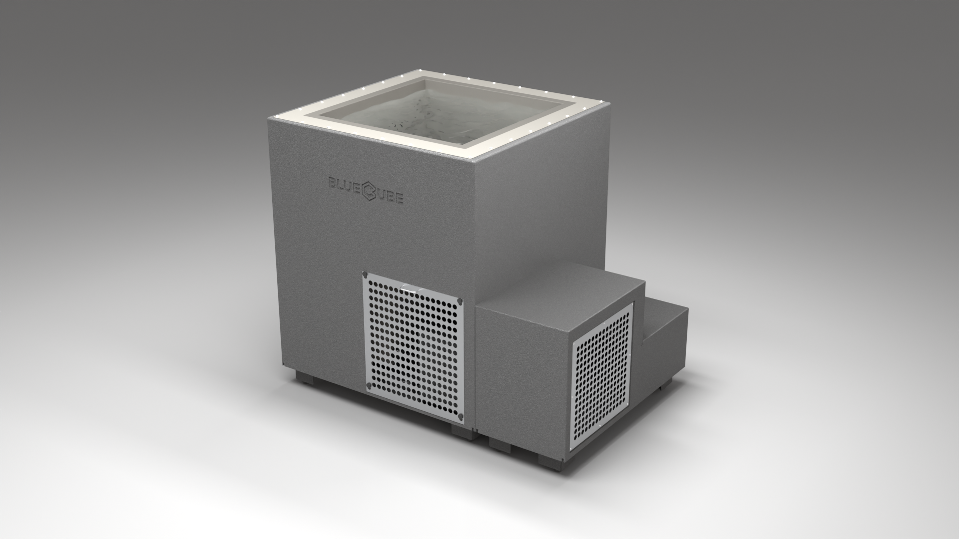 BlueCube LIMITLESS cold plunge tub grey with perforated screens with gel coated tub right front view [bc color=grey screen=screen deck=none tub=gel-coated view=fr]