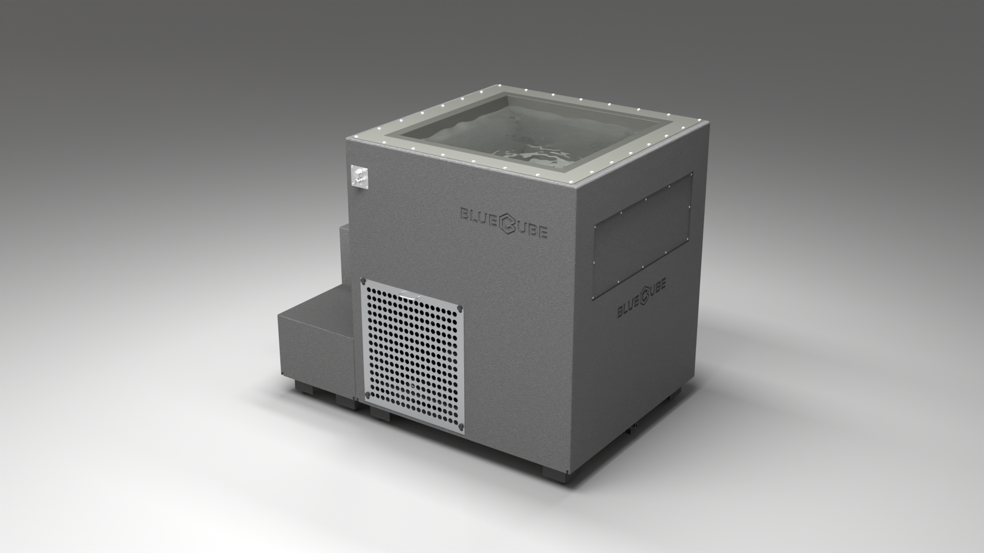 BlueCube LIMITLESS cold plunge tub grey with perforated screens with hempcarbon tub left back view [bc color=grey screen=screen deck=none tub=hempcarbon view=bl]