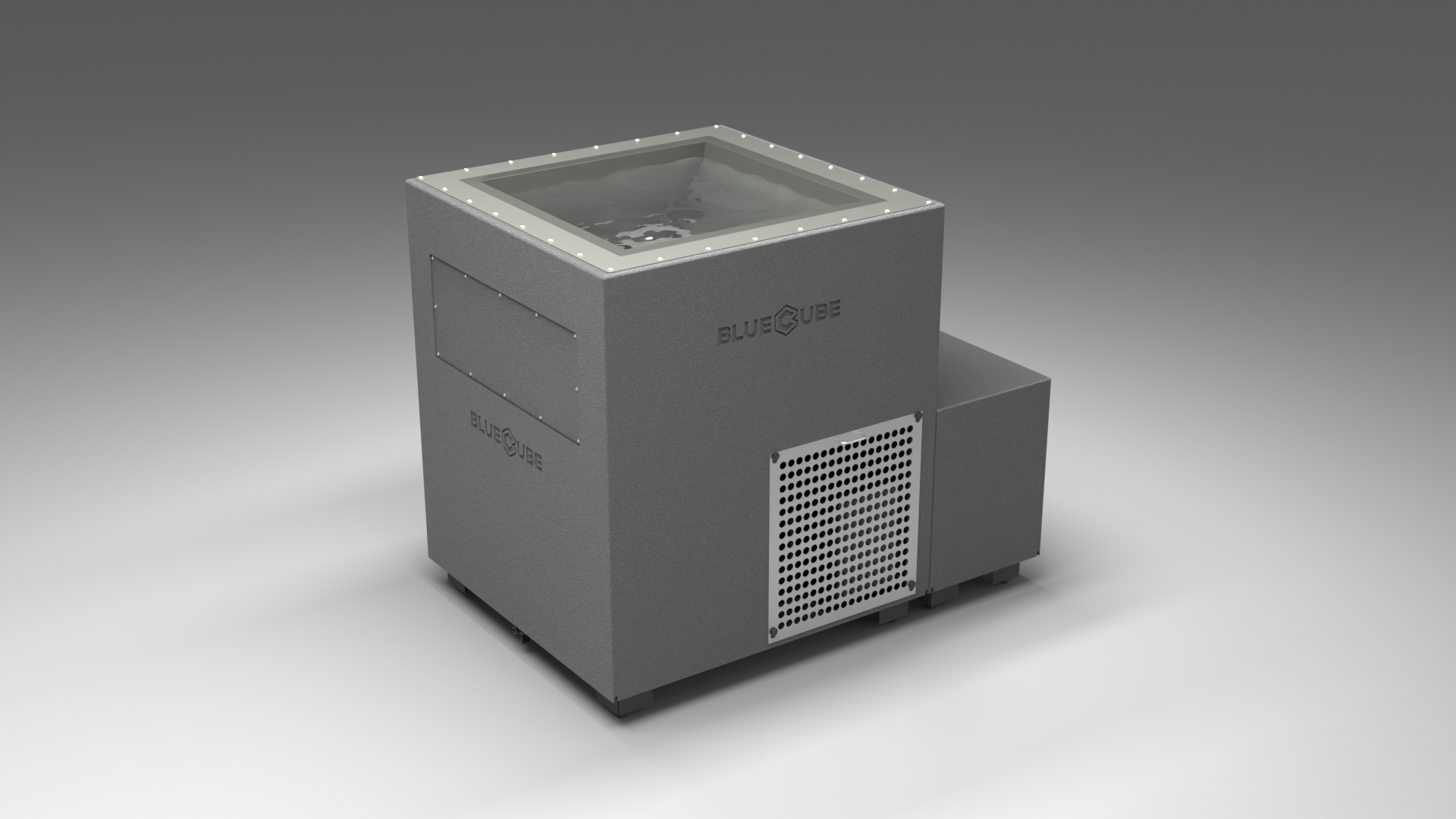 BlueCube LIMITLESS cold plunge tub grey with perforated screens with hempcarbon tub left front view [bc color=grey screen=screen deck=none tub=hempcarbon view=fl]