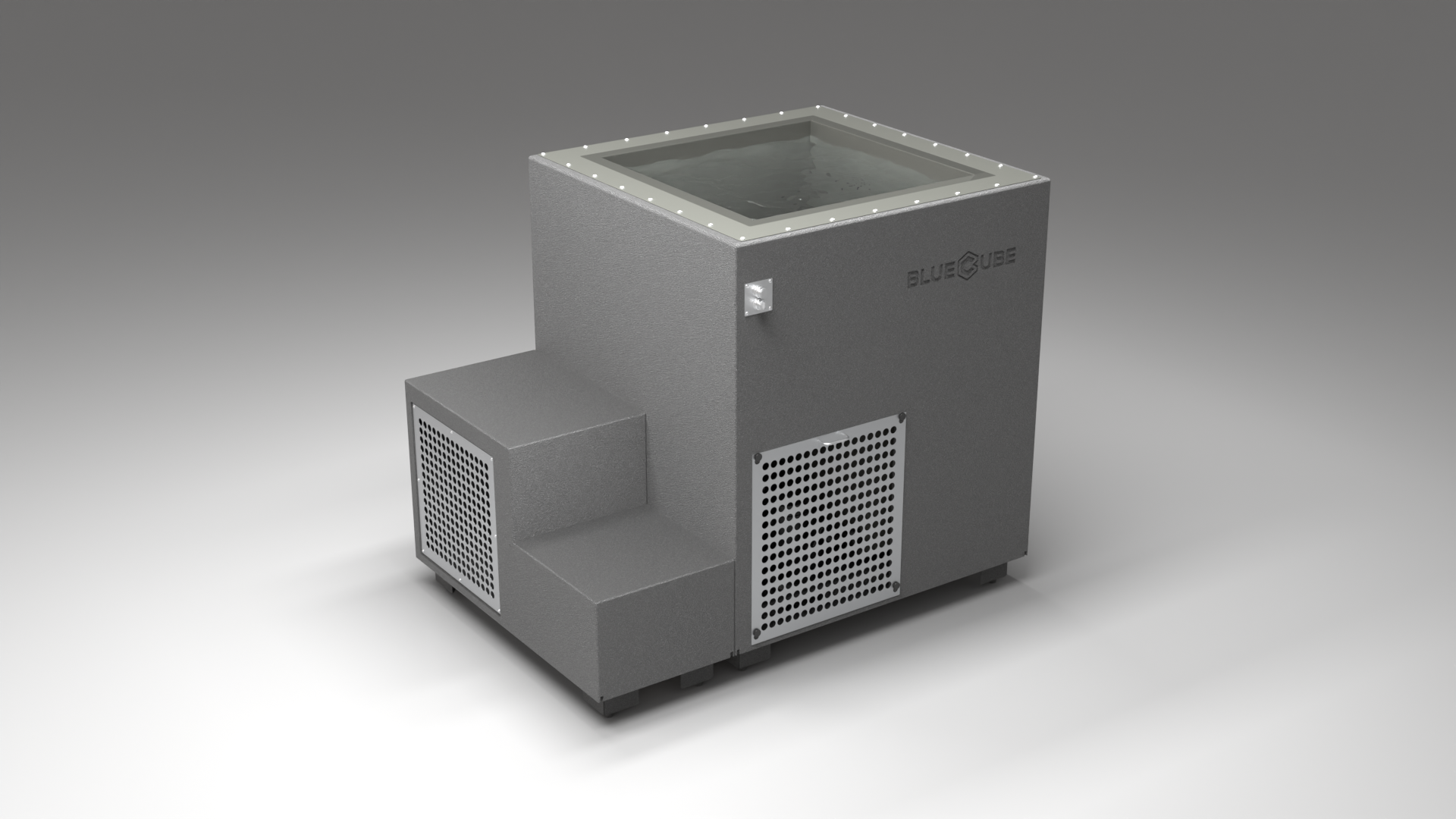 BlueCube LIMITLESS cold plunge tub grey with perforated screens with hempcarbon tub right back view [bc color=grey screen=screen deck=none tub=hempcarbon view=br]