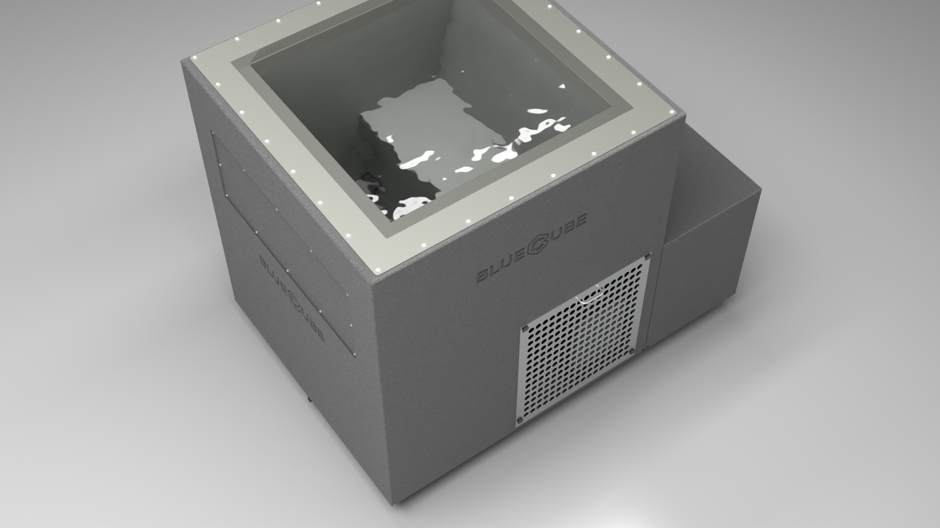 BlueCube LIMITLESS cold plunge tub grey with perforated screens with hempcarbon tub top down view [bc color=grey screen=screen deck=none tub=hempcarbon view=top]