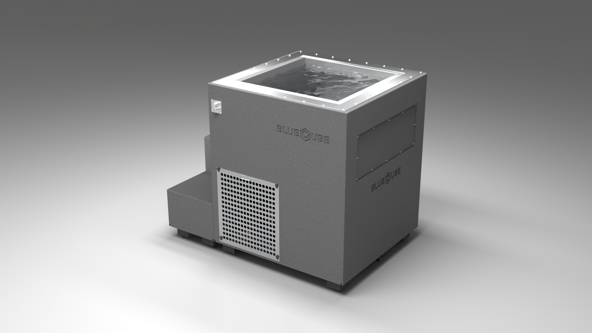 BlueCube LIMITLESS cold plunge tub grey with perforated screens left back view [bc color=grey screen=screen deck=none tub=stainless view=bl]
