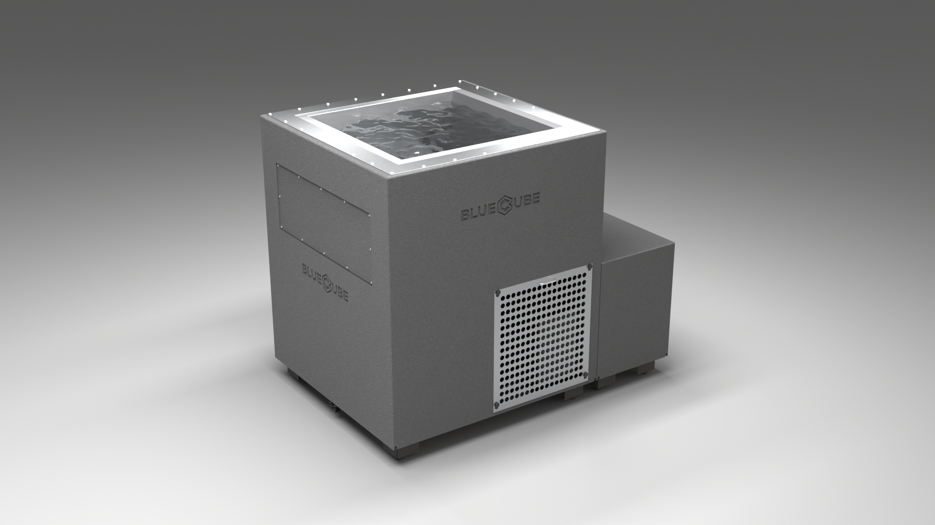 BlueCube LIMITLESS cold plunge tub grey with perforated screens left front view [bc color=grey screen=screen deck=none tub=stainless view=fl]