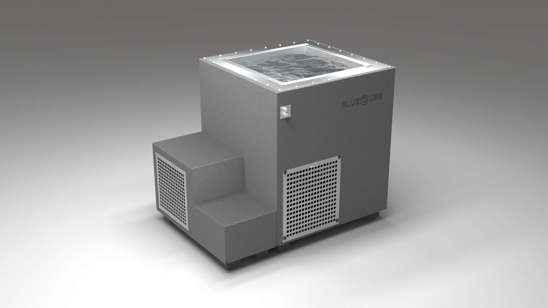 BlueCube LIMITLESS cold plunge tub grey with perforated screens right back view [bc color=grey screen=screen deck=none tub=stainless view=br]