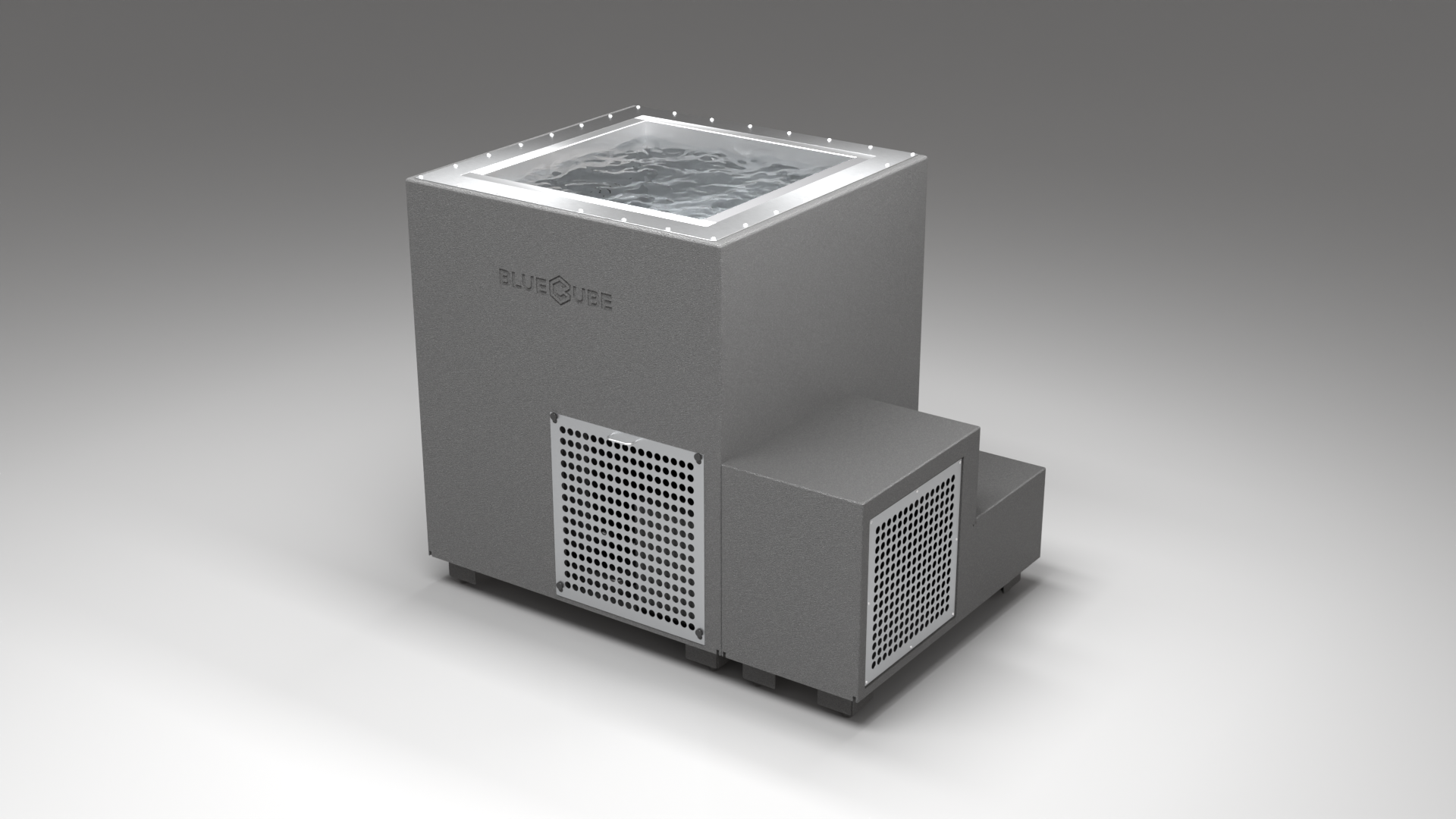 BlueCube LIMITLESS cold plunge tub grey with perforated screens right front view [bc color=grey screen=screen deck=none tub=stainless view=fr]