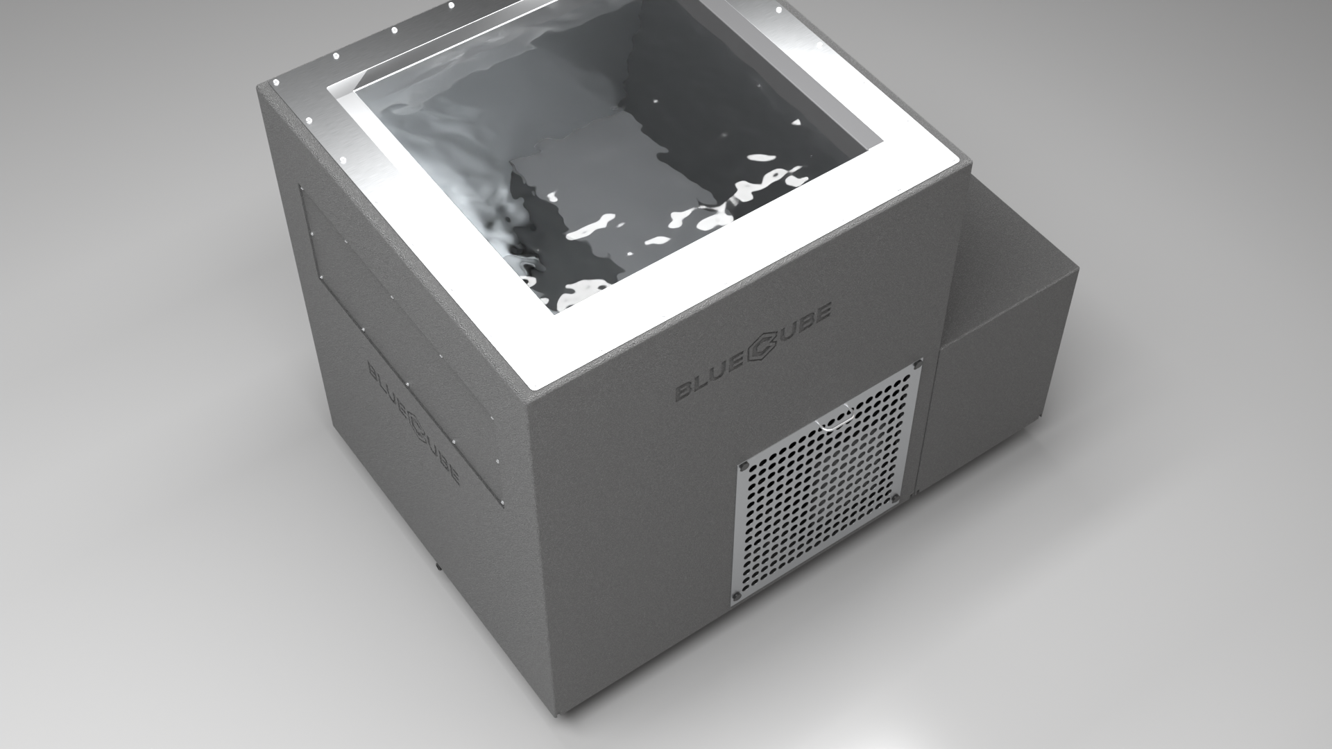 BlueCube LIMITLESS cold plunge tub grey with perforated screens top down view [bc color=grey screen=screen deck=none tub=stainless view=top]