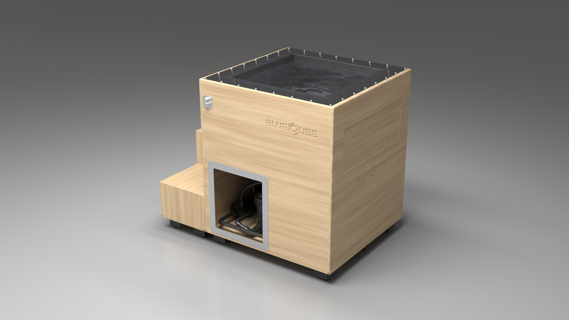 BlueCube LIMITLESS cold plunge tub uncladded with carbon fiber tub left back view [bc color=uncladded screen=frame deck=none tub=carbon-fiber view=bl]