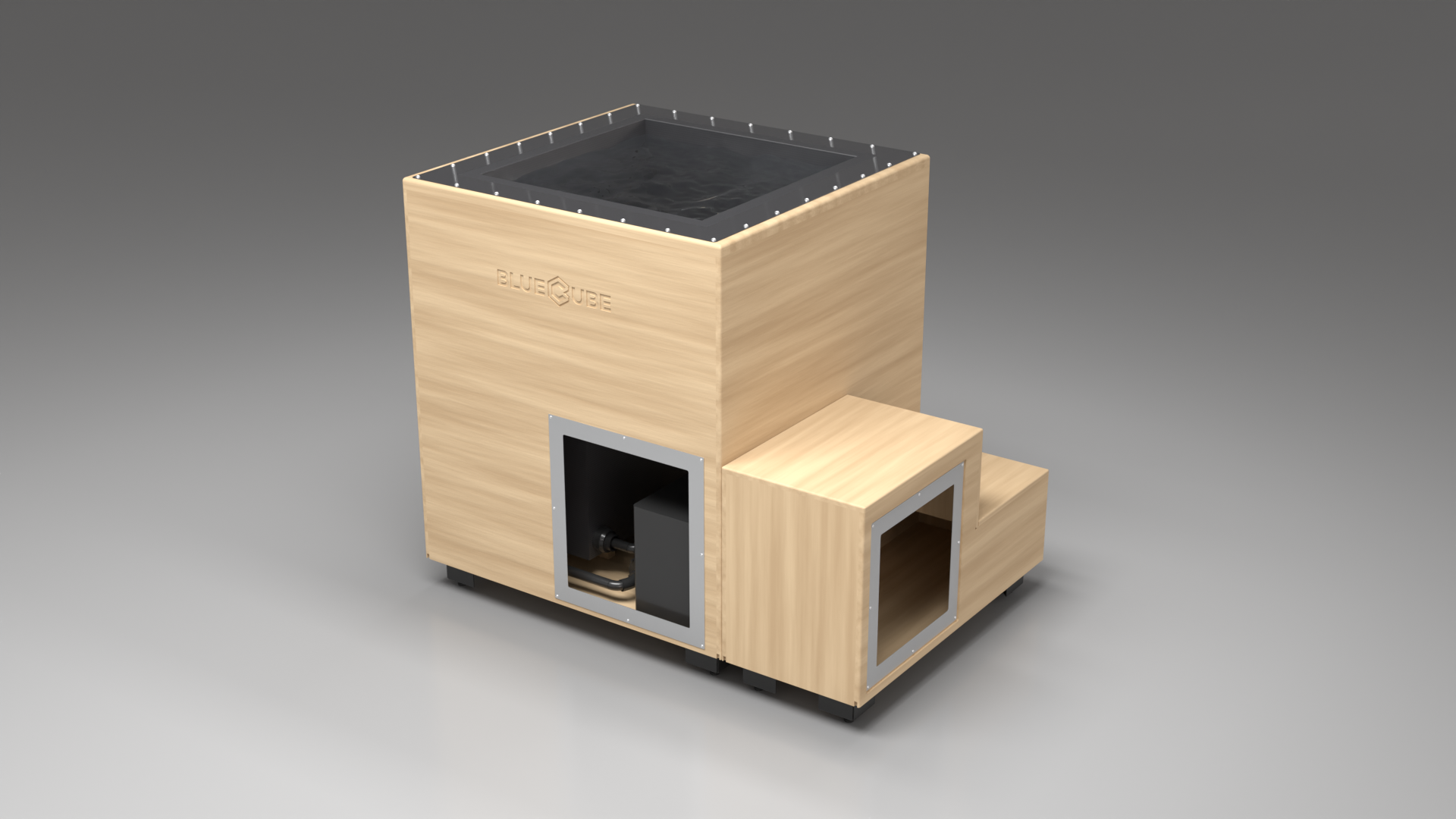BlueCube LIMITLESS cold plunge tub uncladded with carbon fiber tub right front view [bc color=uncladded screen=frame deck=none tub=carbon-fiber view=fr]
